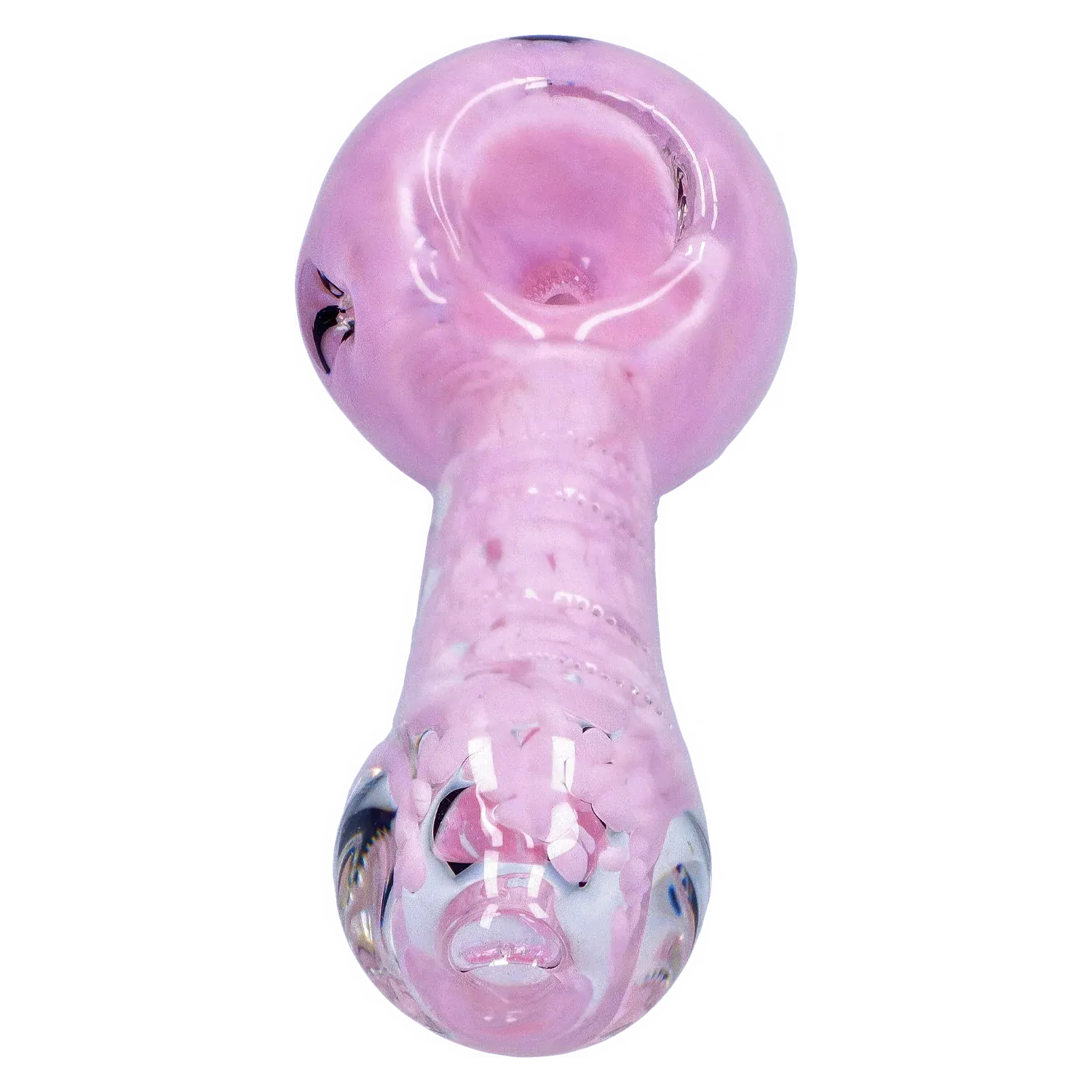 Top-down close-up of the pink DHC Frit Marble Rim Pastel Spoon Pipe - 3.5 in., showing its rounded bowl and marbled glass details