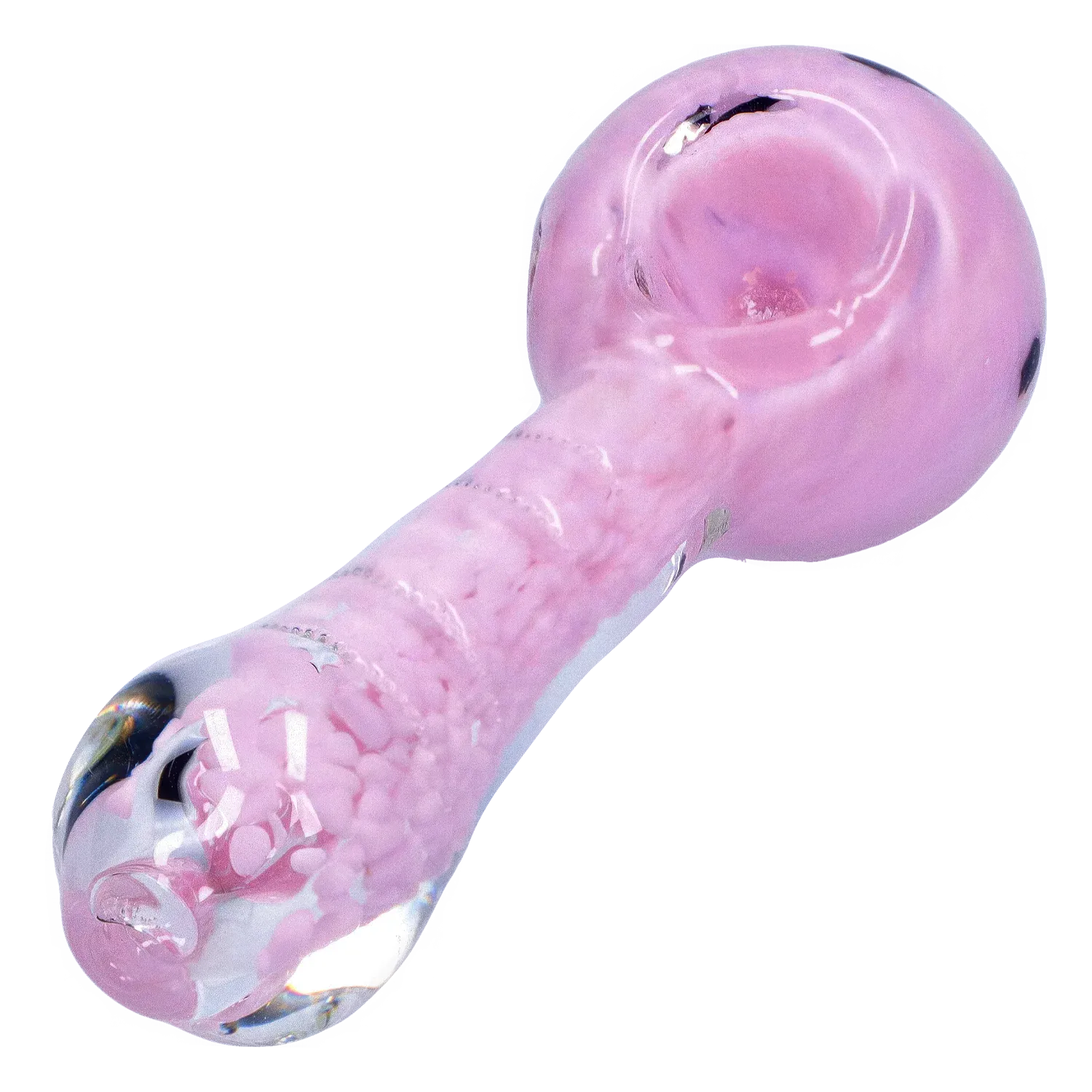 Close-up angled view of the pink DHC Frit Marble Rim Pastel Spoon Pipe - 3.5 in., showing its textured frit stem and rounded bowl against a white background