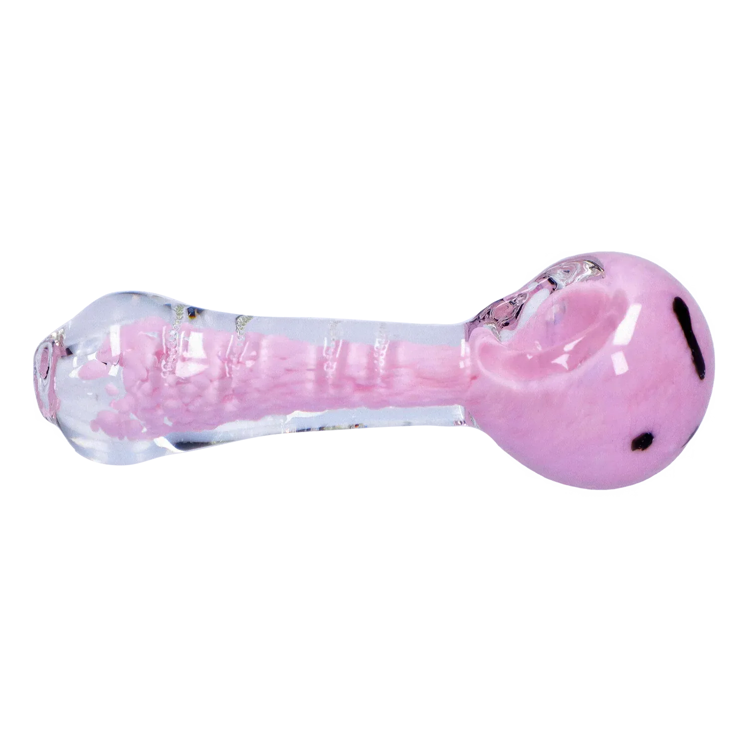 Side view of the DHC Frit Marble Rim Pastel Spoon Pipe - 3.5 in., showing a clear glass stem with a pastel pink frit core and a rounded pink bowl with dark accent spots.
