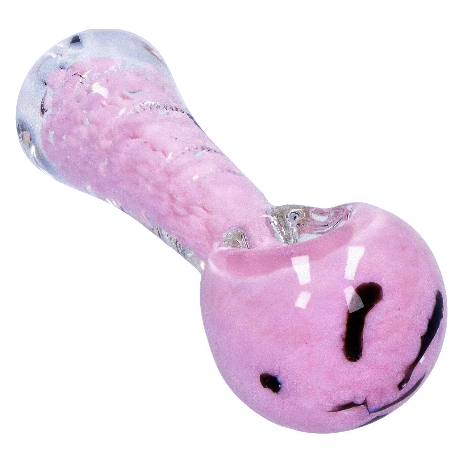 Angled close-up of the DHC Frit Marble Rim Pastel Spoon Pipe - 3.5 in., showing its textured pink frit interior and glossy glass bowl.