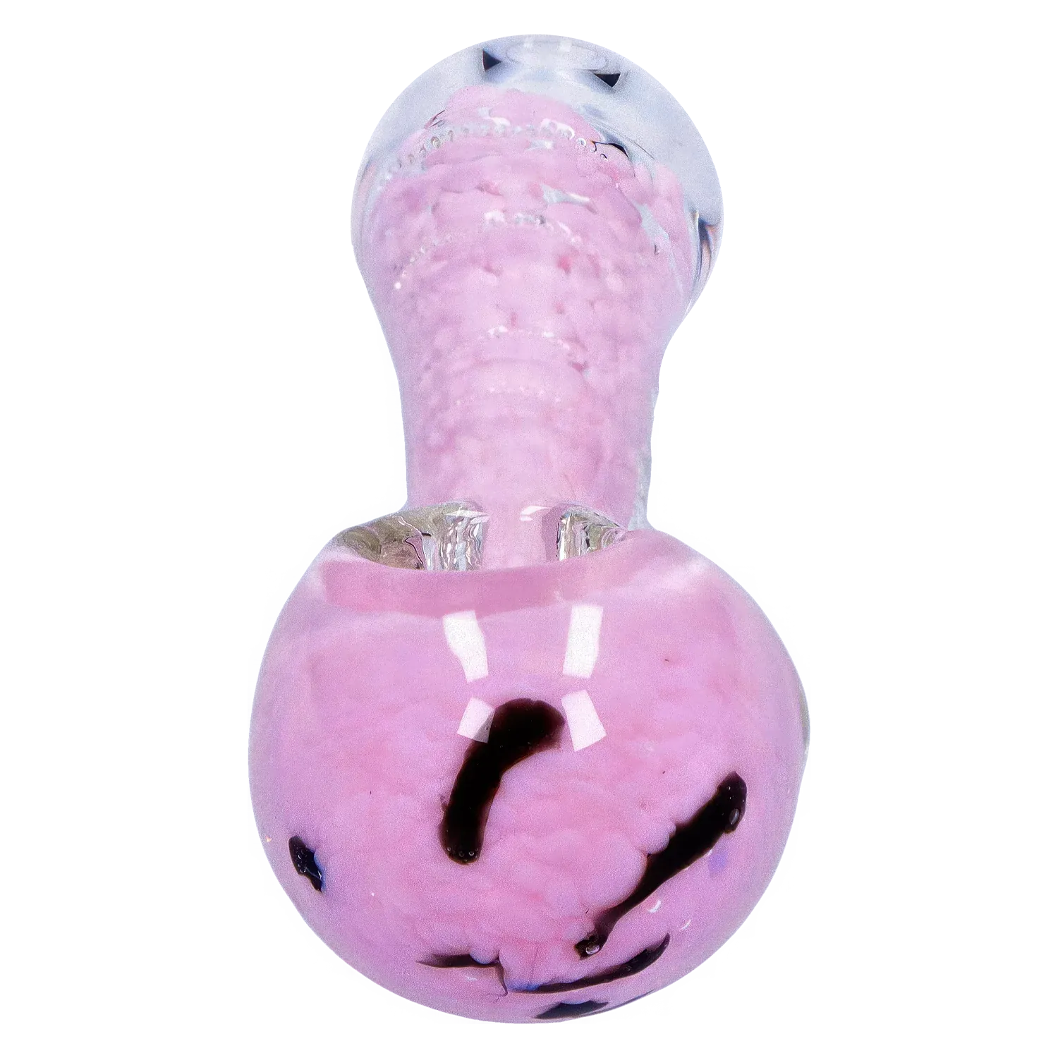 Top-down close-up of the pink, marbled DHC Frit Marble Rim Pastel Spoon Pipe - 3.5 in., showing its rounded bowl and textured stem.