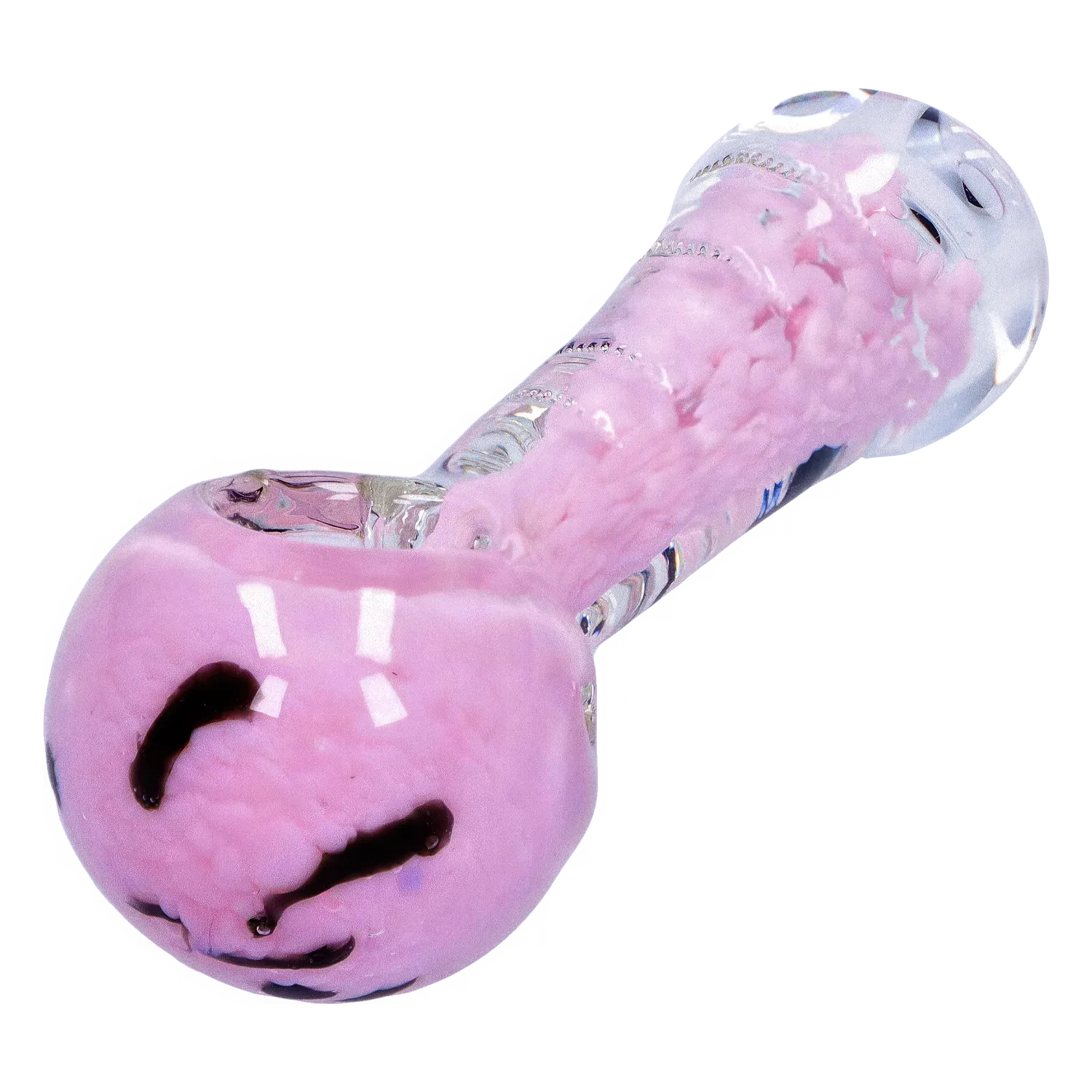 Close-up angled view of the DHC Frit Marble Rim Pastel Spoon Pipe - 3.5 in., showing its glossy pink fritted glass bowl and clear rounded stem against a white background
