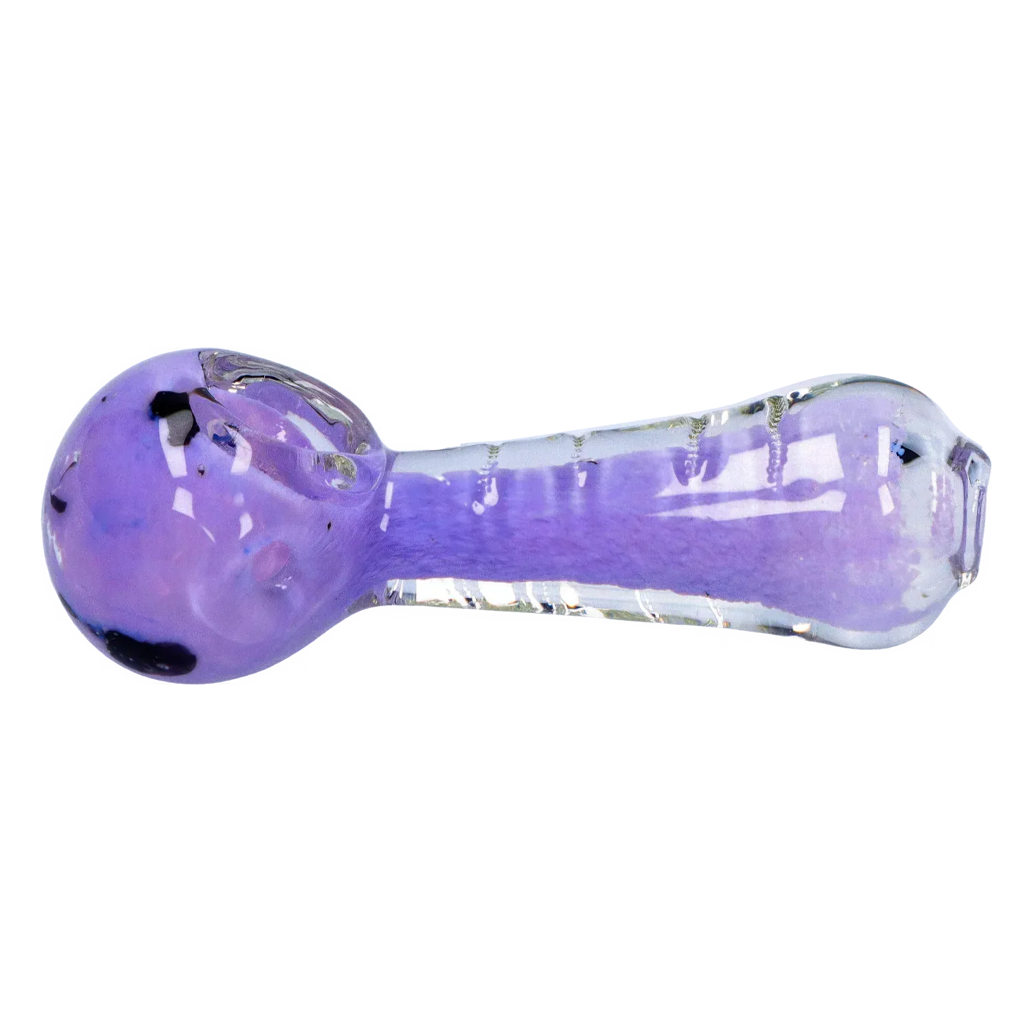 Side view of the DHC Frit Marble Rim Pastel Spoon Pipe - 3.5 in., showing a lavender glass spoon with clear rim accents and glossy reflections.