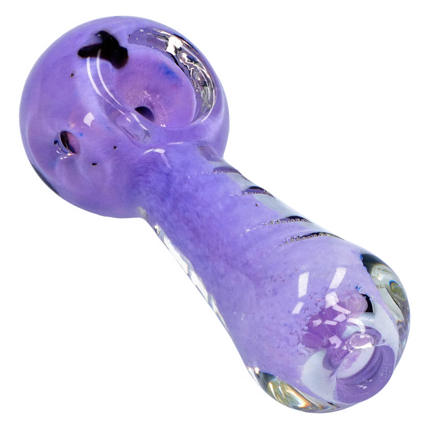 Angled close-up of the purple DHC Frit Marble Rim Pastel Spoon Pipe - 3.5 in., showing its rounded bowl, swirl frit texture, and glossy reflective highlights