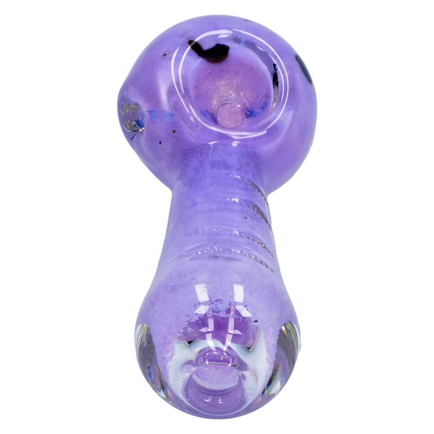 Top-down close-up of the purple DHC Frit Marble Rim Pastel Spoon Pipe - 3.5 in., showing its bowl, rounded mouthpiece, and glossy glass reflections