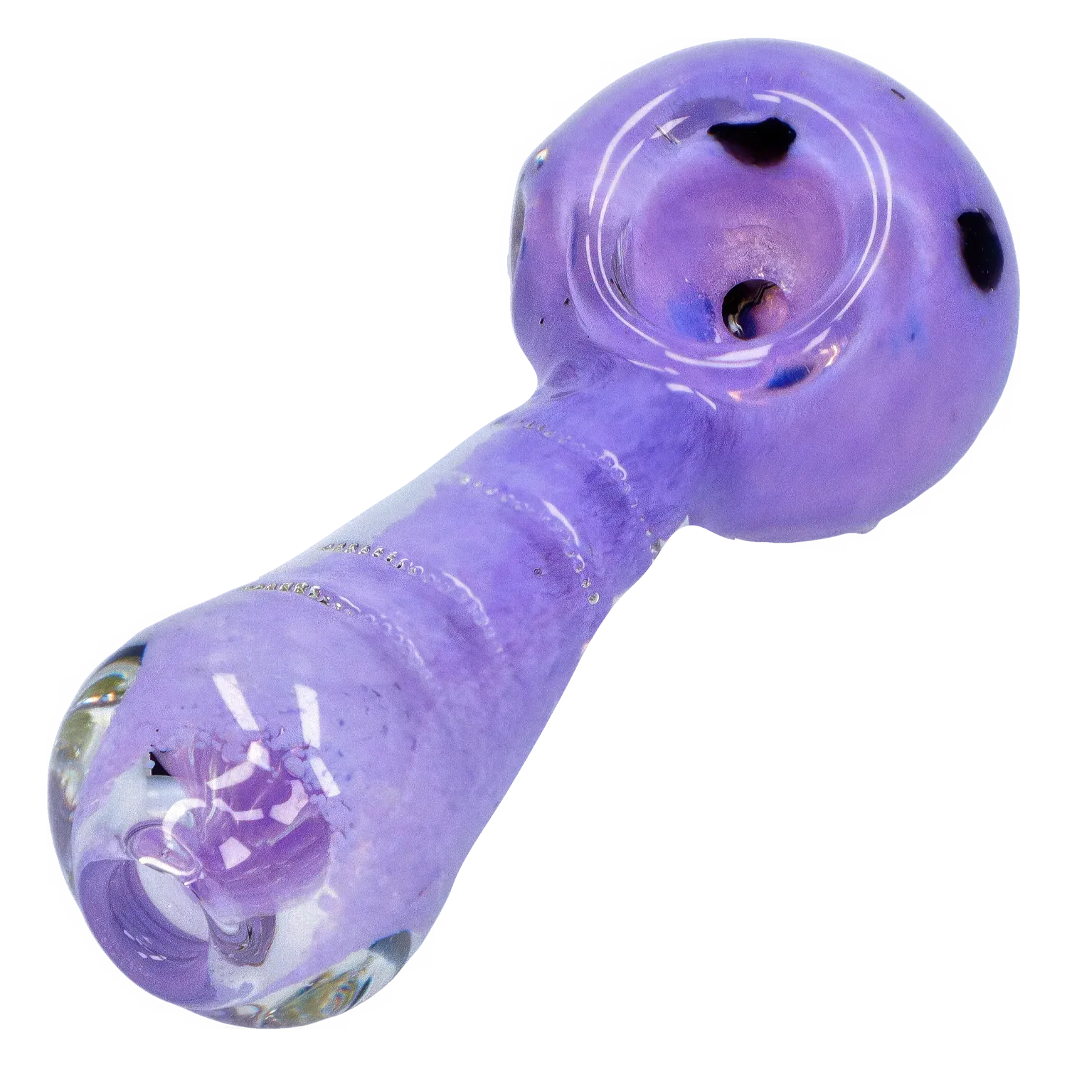 Close-up angled view of the purple DHC Frit Marble Rim Pastel Spoon Pipe - 3.5 in., showing the bowl, textured stem, and glossy glass marbling.
