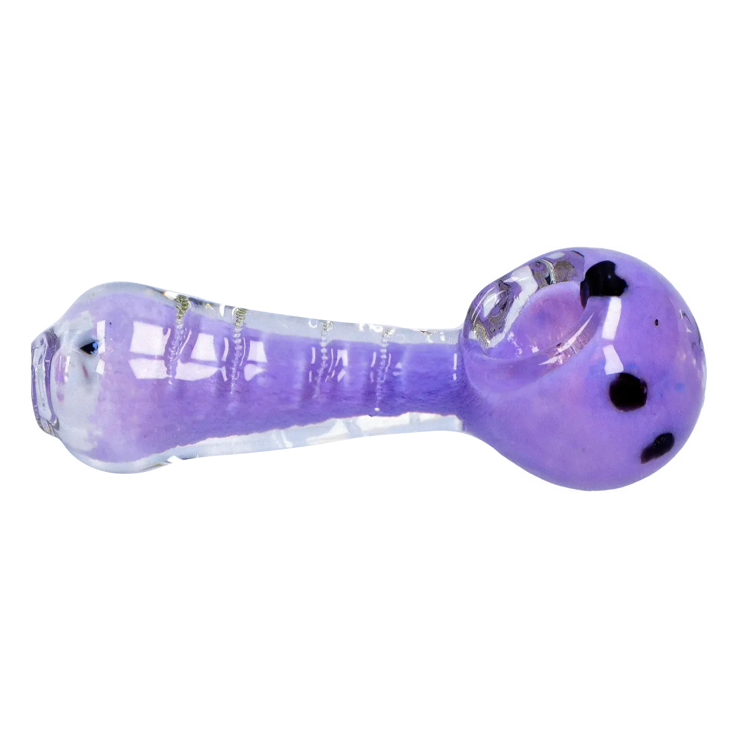 Side view of a translucent purple DHC Frit Marble Rim Pastel Spoon Pipe - 3.5 in. showing its rounded bowl, speckled frit interior, and glossy reflections.
