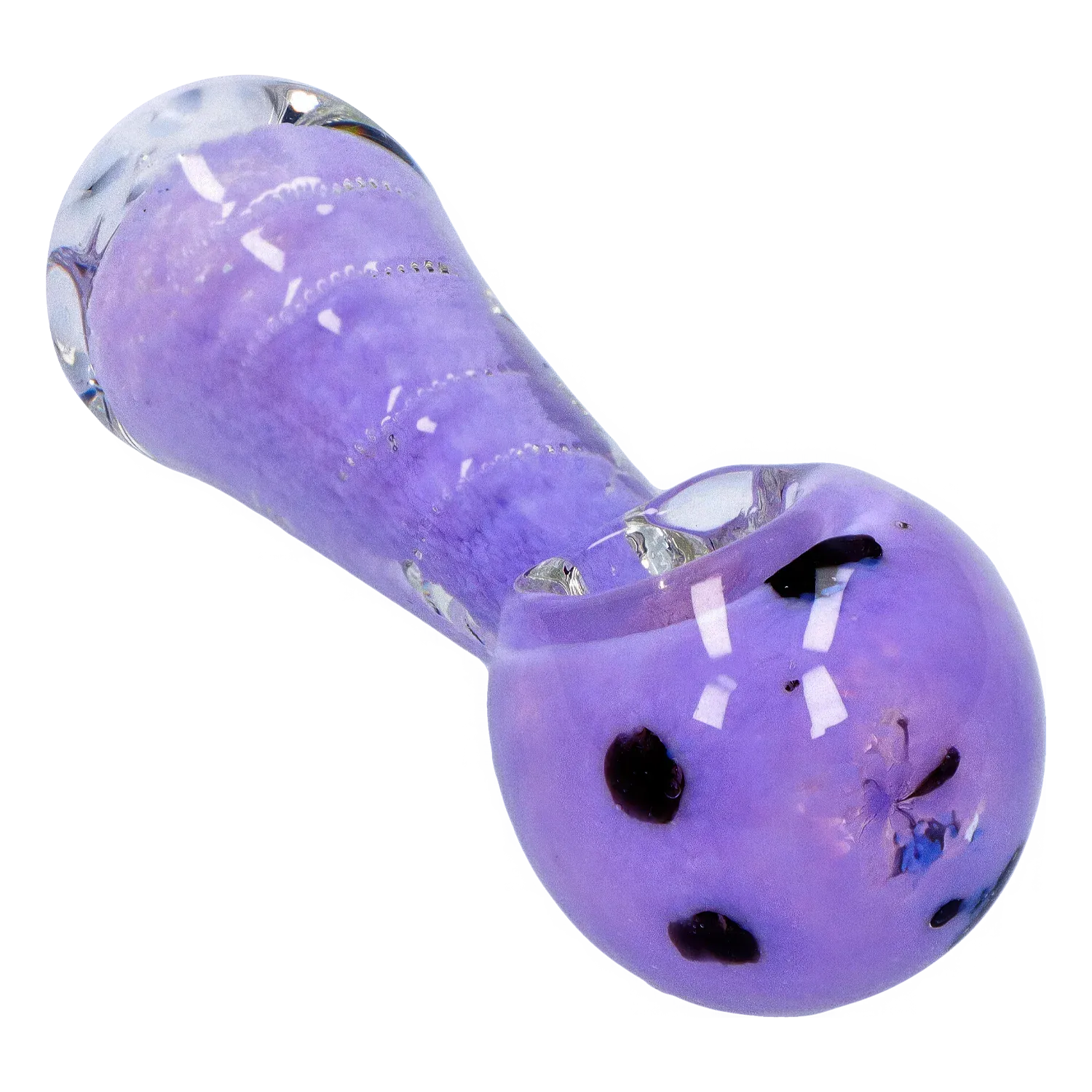 Angled close-up of the purple DHC Frit Marble Rim Pastel Spoon Pipe - 3.5 in., showing glossy glass highlights and dark frit spots.