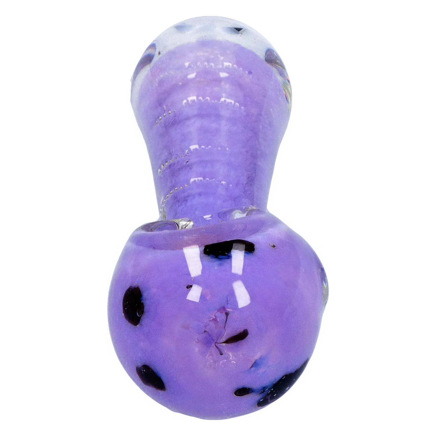 Close-up front view of the DHC Frit Marble Rim Pastel Spoon Pipe - 3.5 in. showing a glossy lavender bowl with dark polka frits.