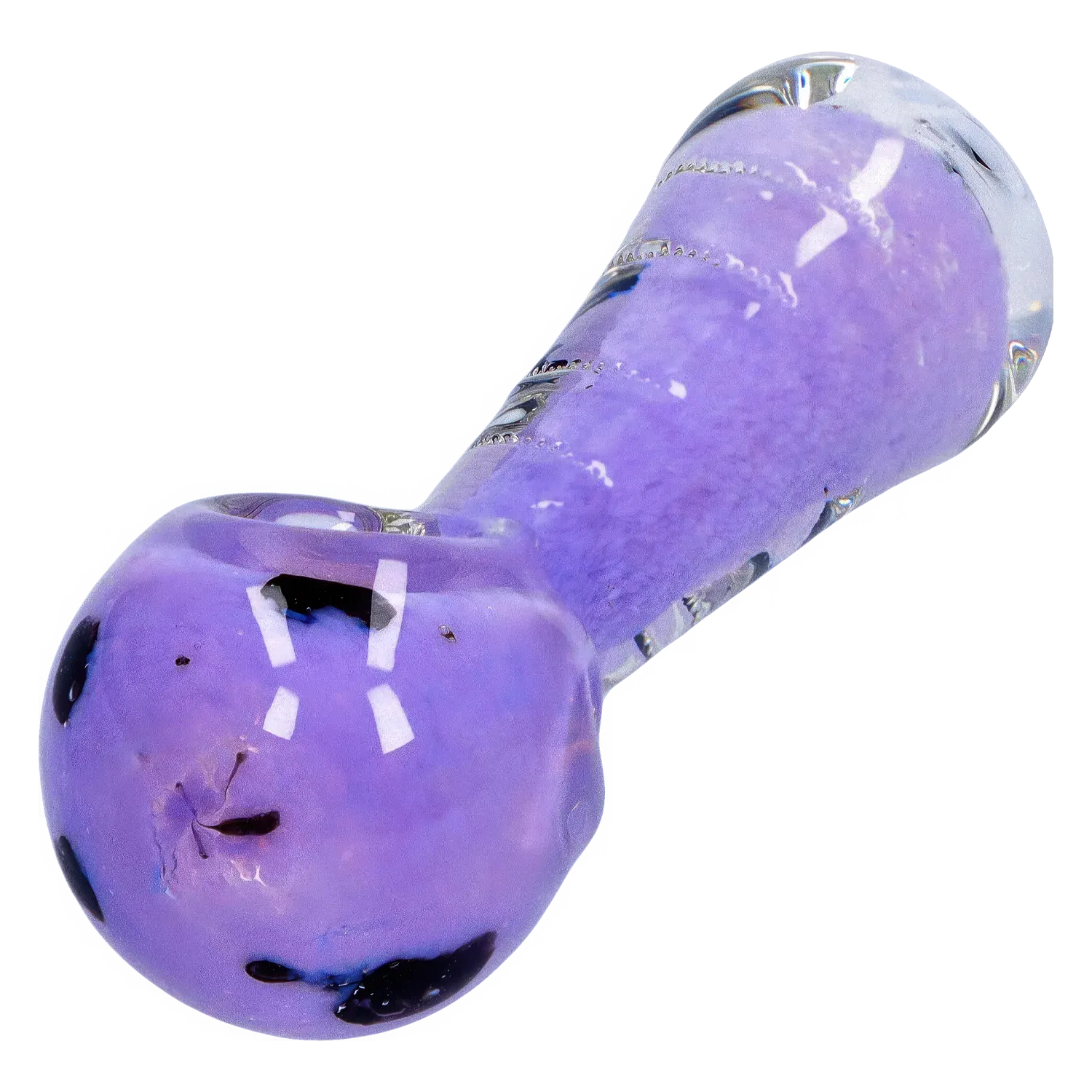 Close-up perspective of the purple DHC Frit Marble Rim Pastel Spoon Pipe - 3.5 in., showing glossy glass highlights and a rounded bowl against a white background