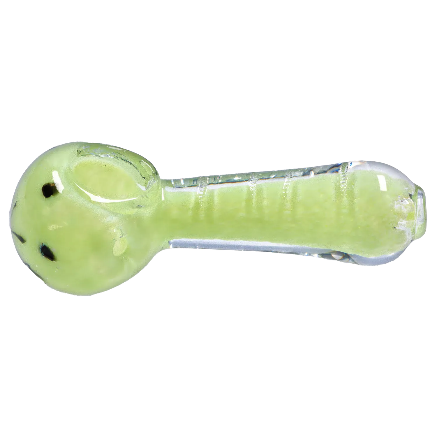 Diagonal top-down view of the light green DHC Frit Marble Rim Pastel Spoon Pipe - 3.5 in., showing its rounded bowl, clear glass rim, and slightly speckled stem.