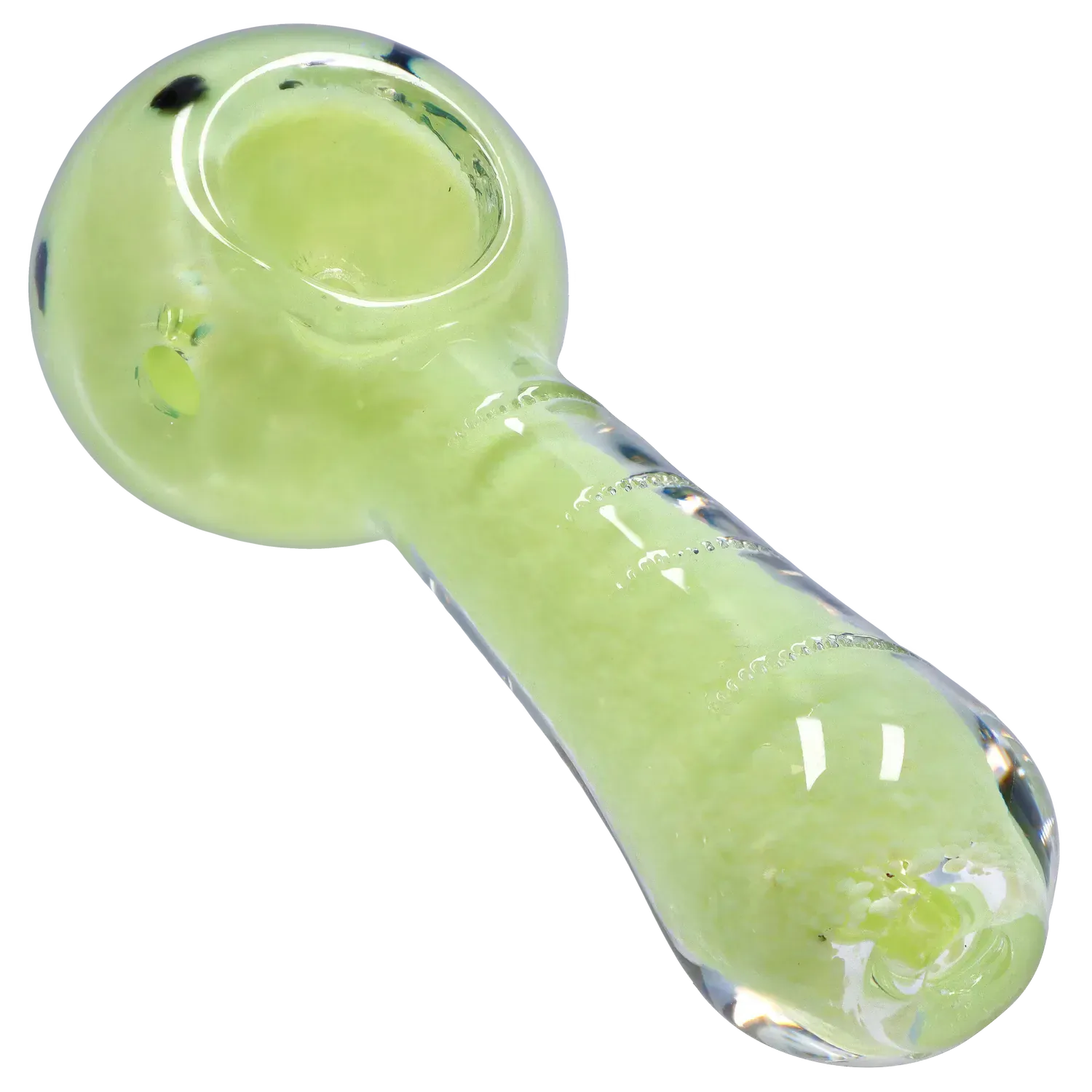 Angled close-up of the DHC Frit Marble Rim Pastel Spoon Pipe - 3.5 in. showing its glossy pale green bowl and tubular stem with clear glass rim reflections.