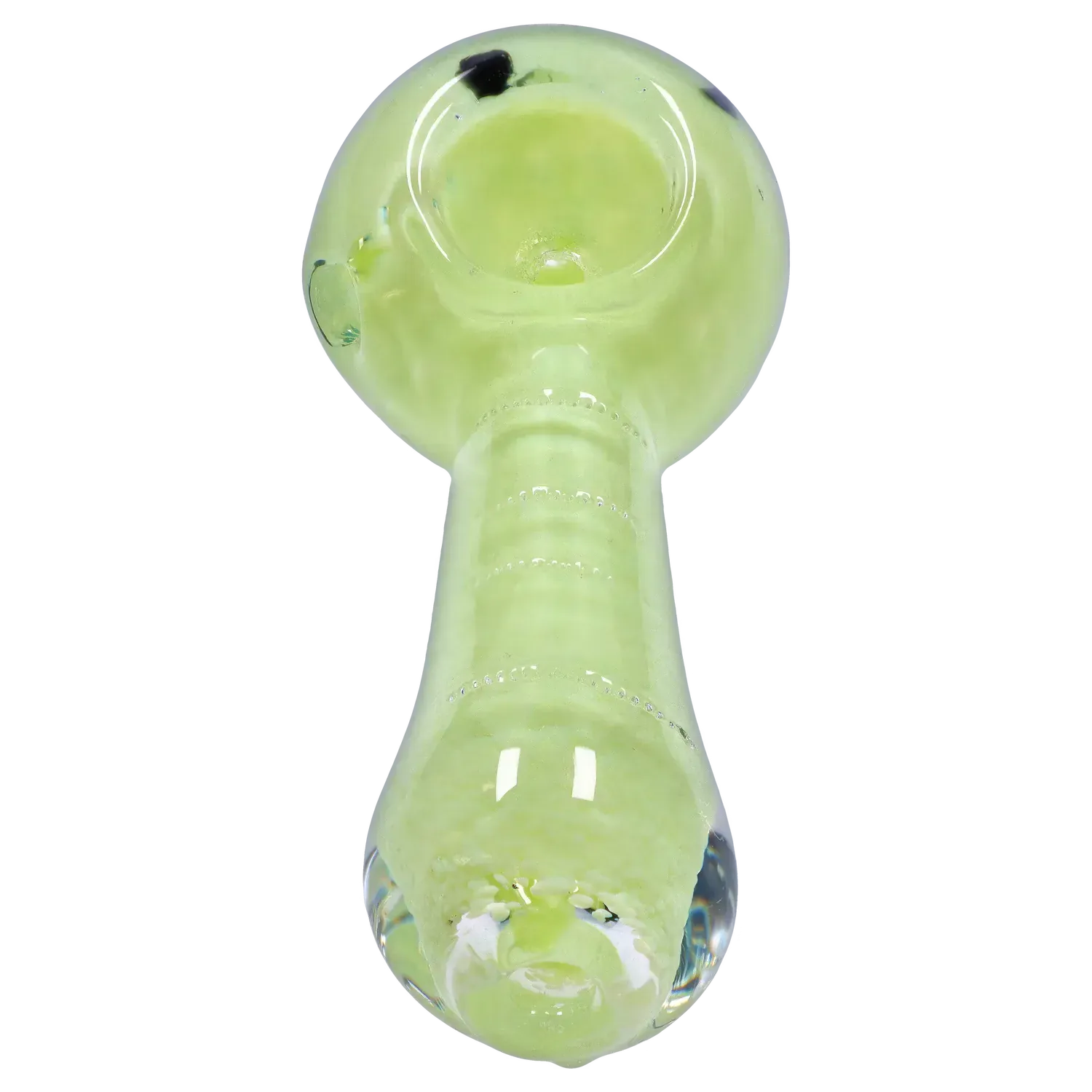 Top-down close-up of the pale green DHC Frit Marble Rim Pastel Spoon Pipe - 3.5 in., showing the bowl, rounded rim, and textured stem.