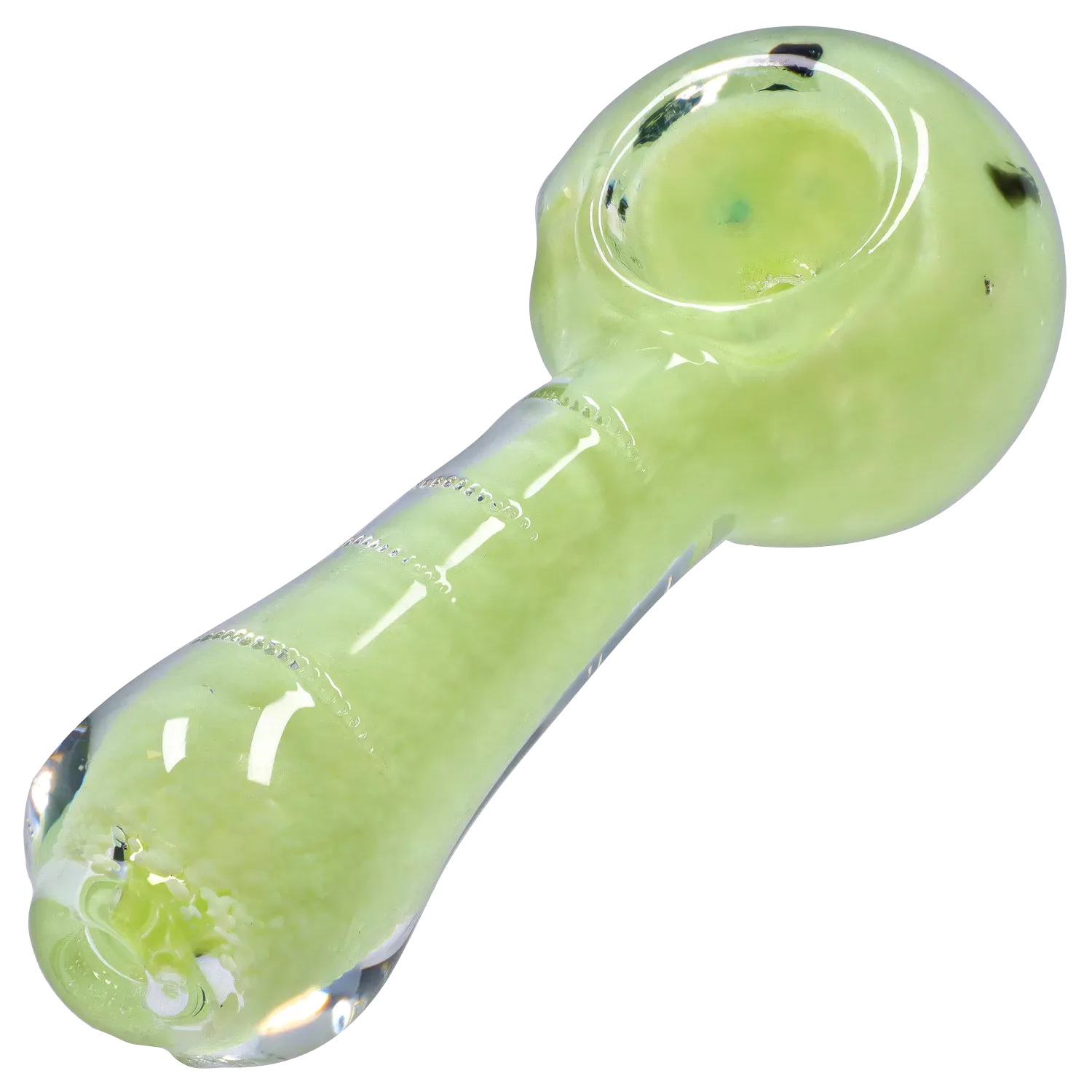 Diagonal close-up of the pale green DHC Frit Marble Rim Pastel Spoon Pipe - 3.5 in., showing the glossy bowl rim and subtle frit speckles.