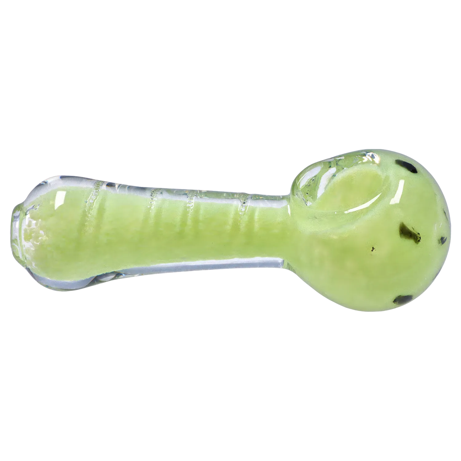 Side view of the DHC Frit Marble Rim Pastel Spoon Pipe - 3.5 in., showing a glossy pale green glass spoon pipe with dark frit specks and rounded bowl.