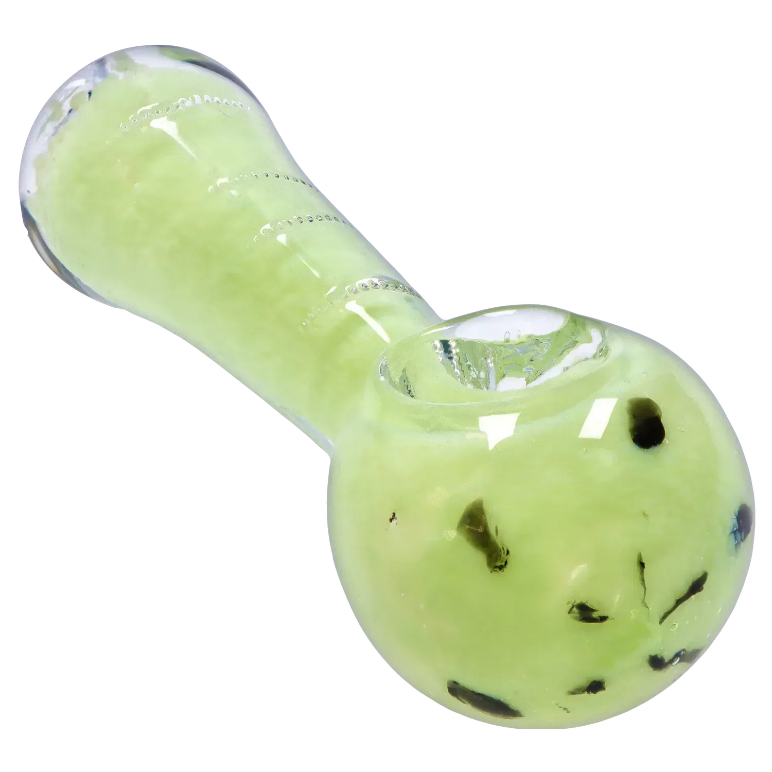 Close-up angled view of the DHC Frit Marble Rim Pastel Spoon Pipe - 3.5 in. showing its pale green marbled bowl, glossy rim reflections, and scattered dark frit speckles.