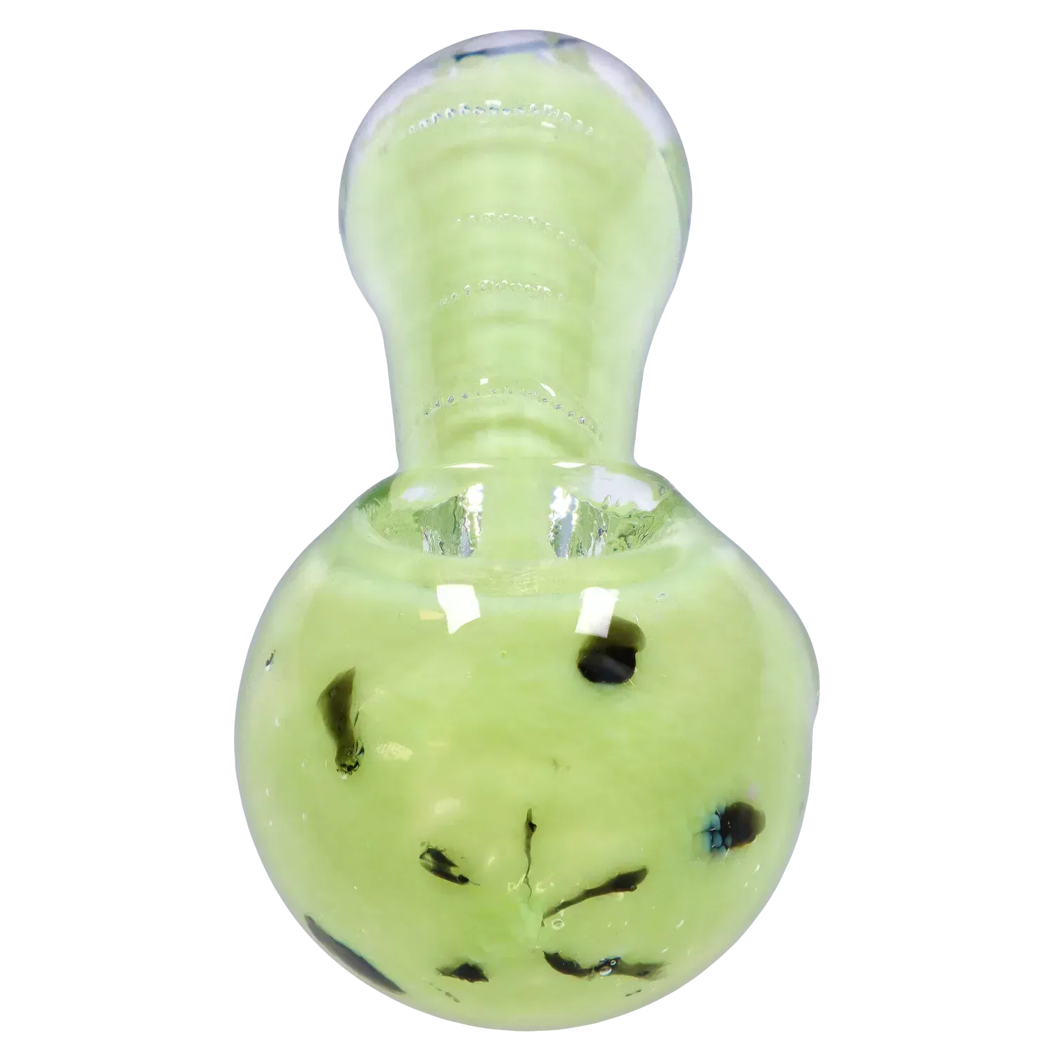 Top-down close-up of the pale green DHC Frit Marble Rim Pastel Spoon Pipe - 3.5 in., showing its rounded bowl, dark frit speckles, and glossy glass rim.