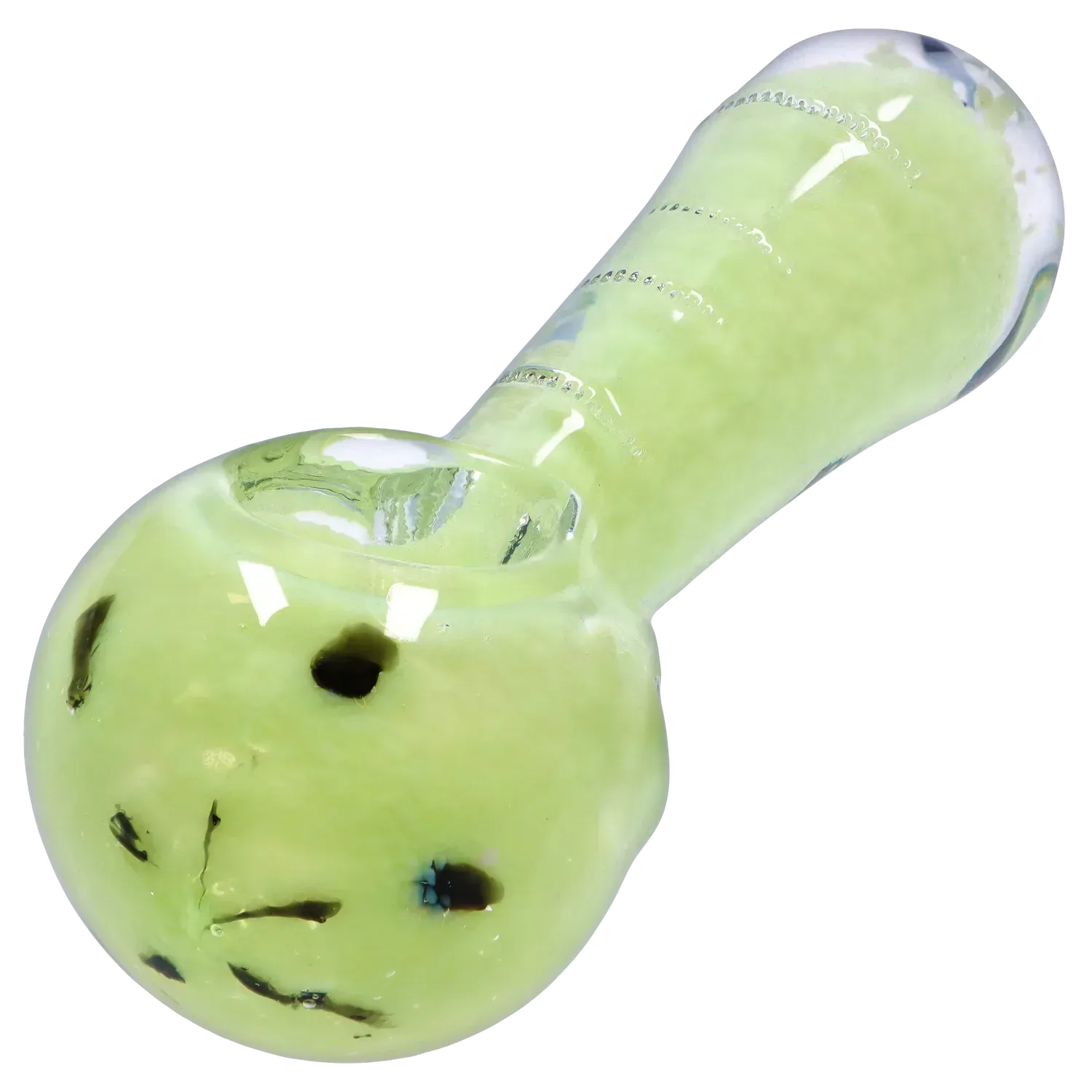 Close-up angled view of the DHC Frit Marble Rim Pastel Spoon Pipe - 3.5 in., showing its glossy pale green bowl, dark frit specks, and rounded stem against a white background