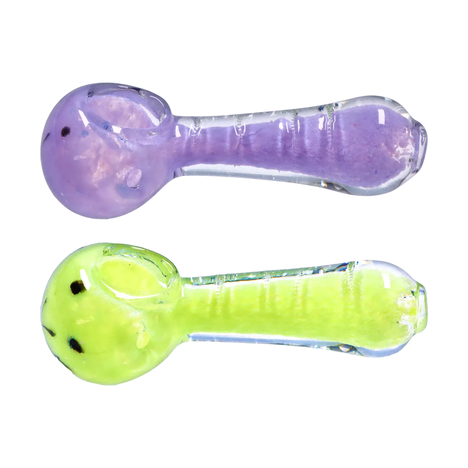 Top-down view of two spoon pipes, the upper DHC Frit Marble Rim Pastel Spoon Pipe - 3.5 in. shown in translucent lavender with a glossy rounded bowl.