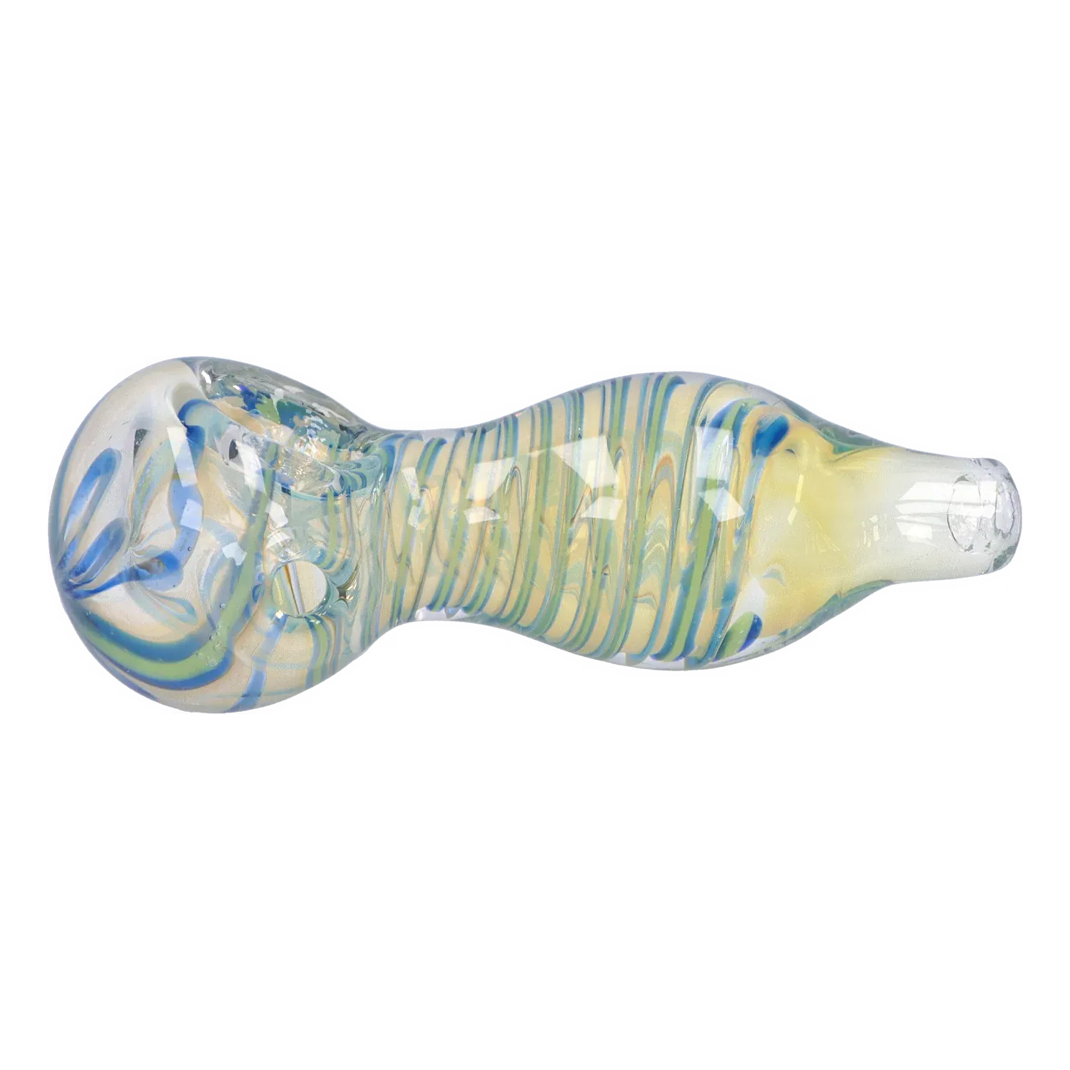 Side view of the DHC Frit Fumed with Piping Spoon Pipe - 2.5 in. showing a twisted, clear glass body with blue and yellow swirled stripes and a rounded bowl.