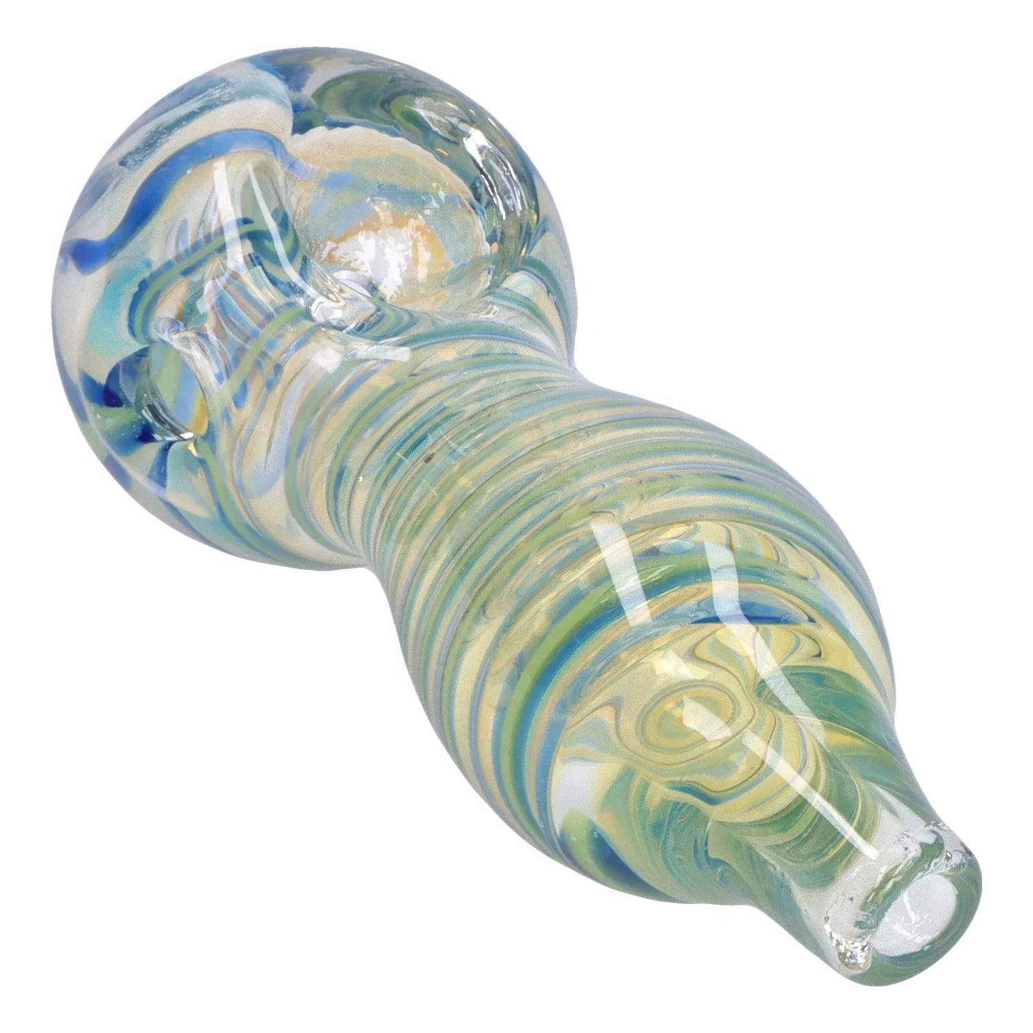 Close-up angled view of the DHC Frit Fumed with Piping Spoon Pipe - 2.5 in., showing swirled blue, green, and yellow glass patterns and glossy reflections