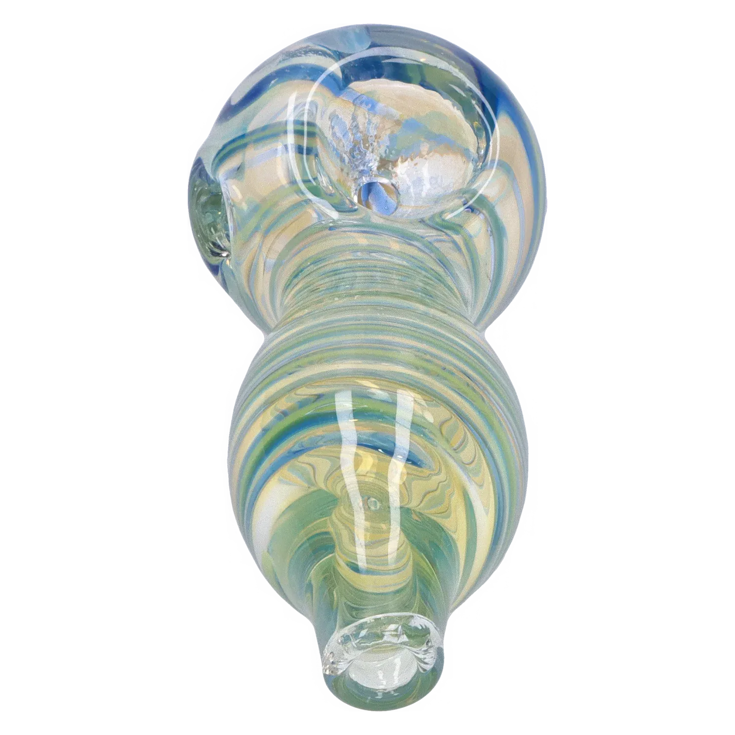 Top-down close-up of the DHC Frit Fumed with Piping Spoon Pipe - 2.5 in., showing iridescent blue and green swirls around its bowl and stem.