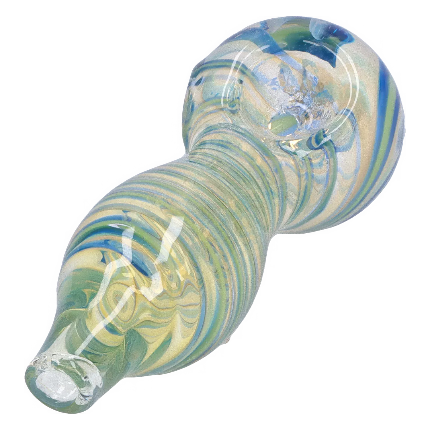 Close-up angled view of the DHC Frit Fumed with Piping Spoon Pipe - 2.5 in. showing its swirled blue, green, and cream glass pattern and glossy reflections