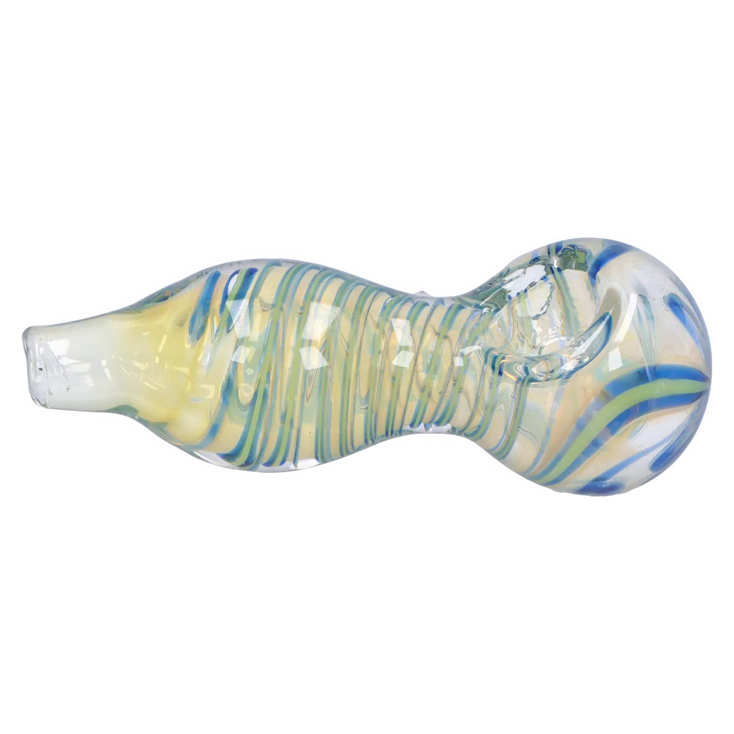 Side view of the DHC Frit Fumed with Piping Spoon Pipe - 2.5 in. showing yellow-tinted clear glass with blue and green spiral stripes and a rounded bowl.