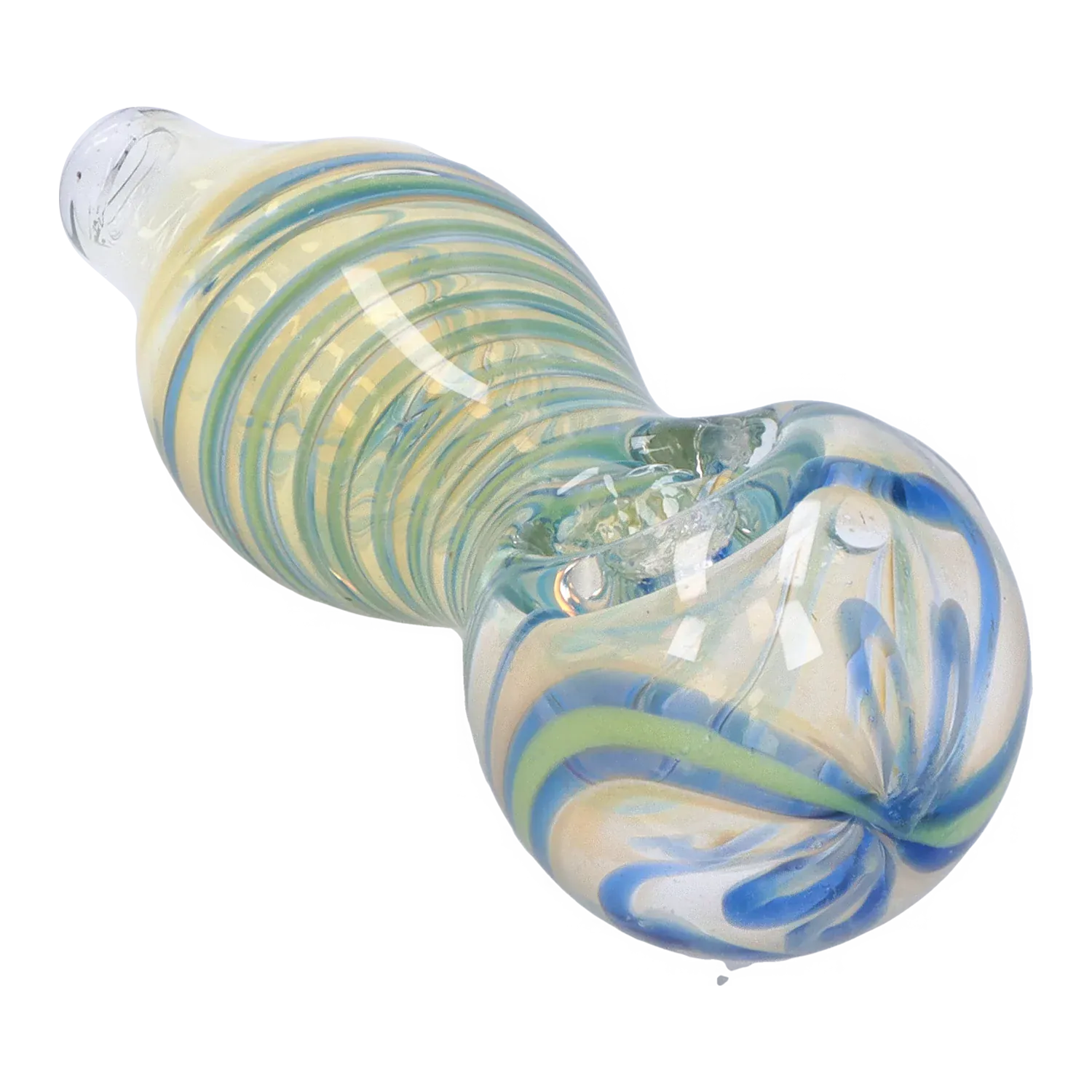 Angled close-up of the DHC Frit Fumed with Piping Spoon Pipe - 2.5 in. showing its swirled blue and green ribbon patterns and textured bowl.
