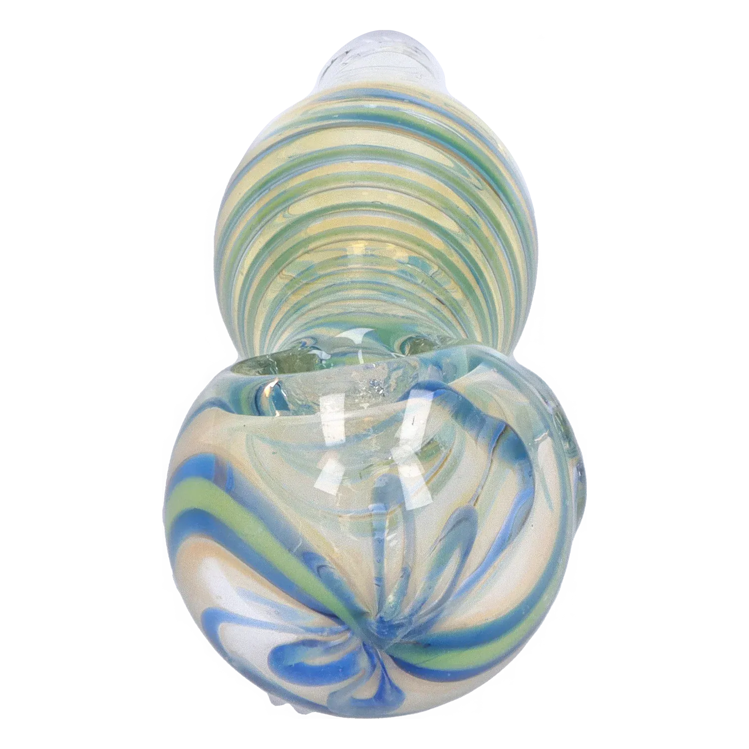 Close-up view down the bowl of the DHC Frit Fumed with Piping Spoon Pipe - 2.5 in., showing swirled blue, green, and cream glass rings and glossy reflections.
