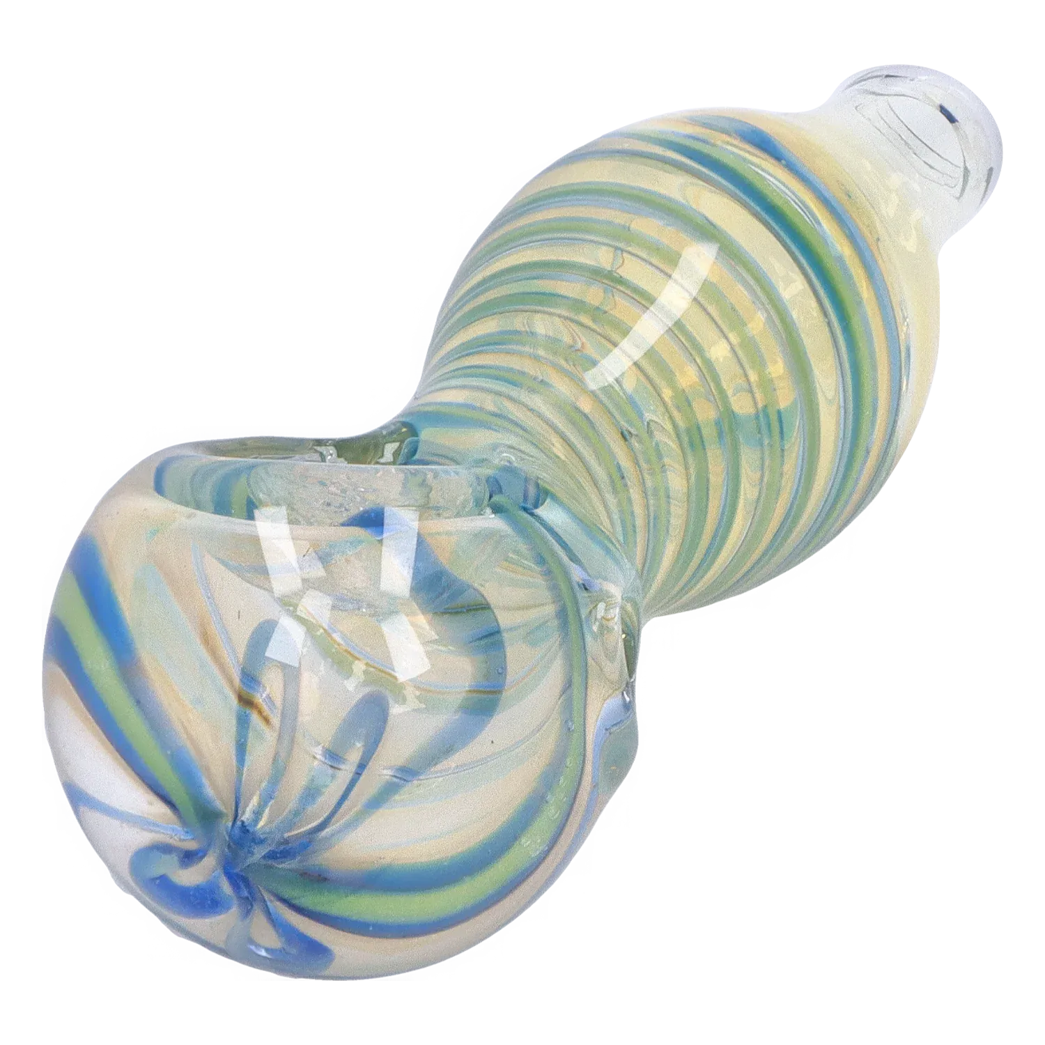 Angled close-up of the DHC Frit Fumed with Piping Spoon Pipe - 2.5 in., showing swirled blue and green glass bands and the rounded bowl rim.