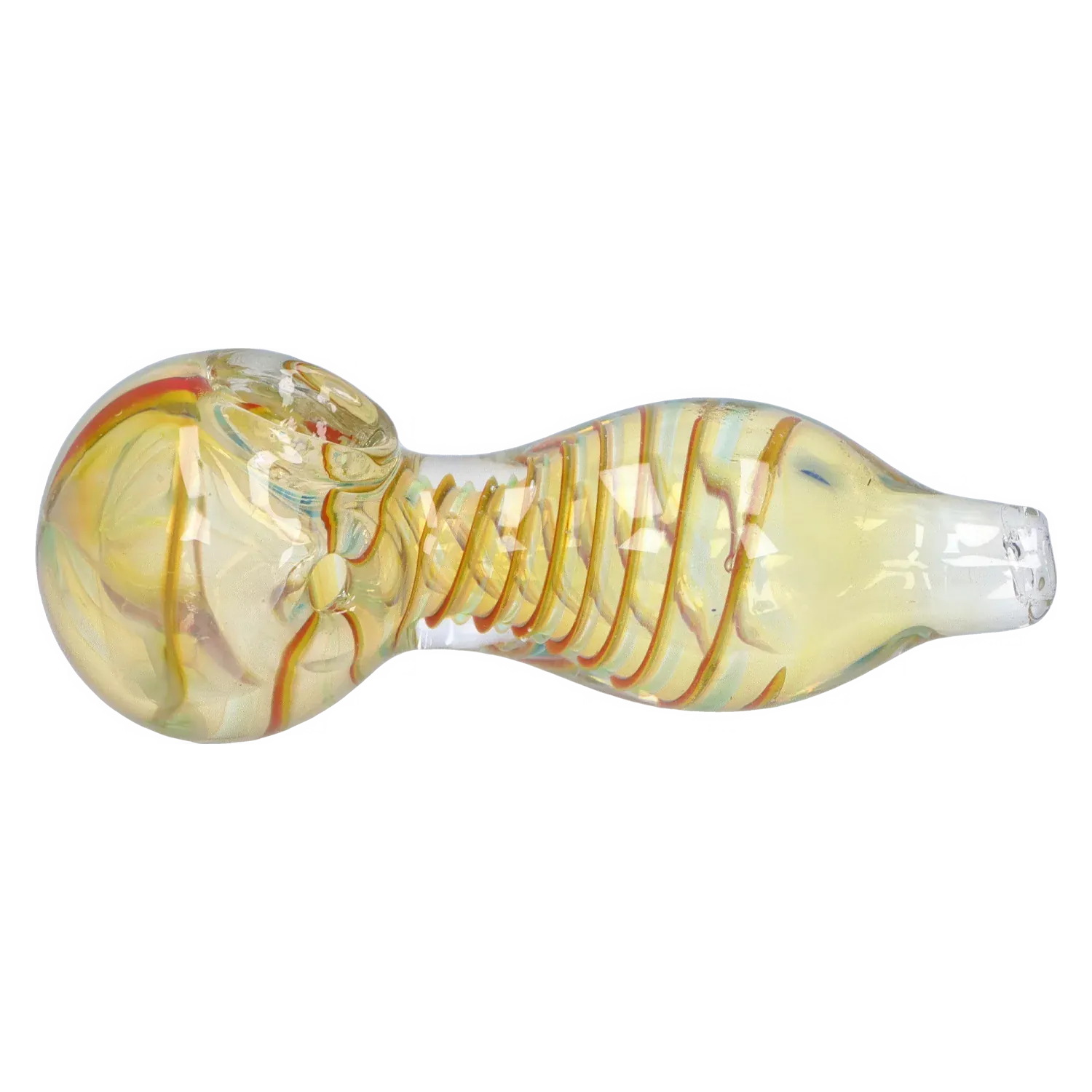 Side view of the DHC Frit Fumed with Piping Spoon Pipe - 2.5 in. showing a pale yellow glass body with spiral orange and blue ribboning and a rounded bowl.