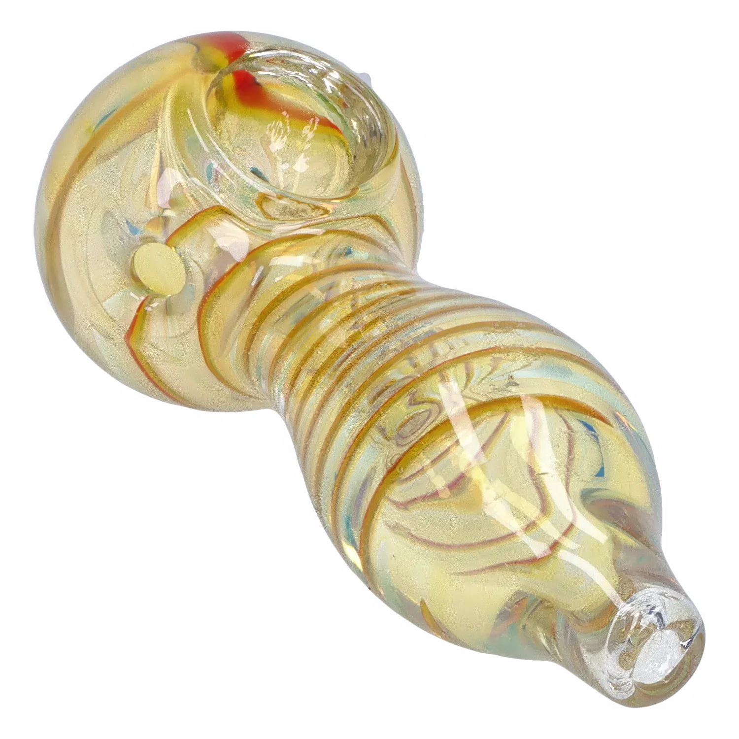 Angled close-up of the DHC Frit Fumed with Piping Spoon Pipe - 2.5 in., showing swirled iridescent yellow glass and ribbed stem.