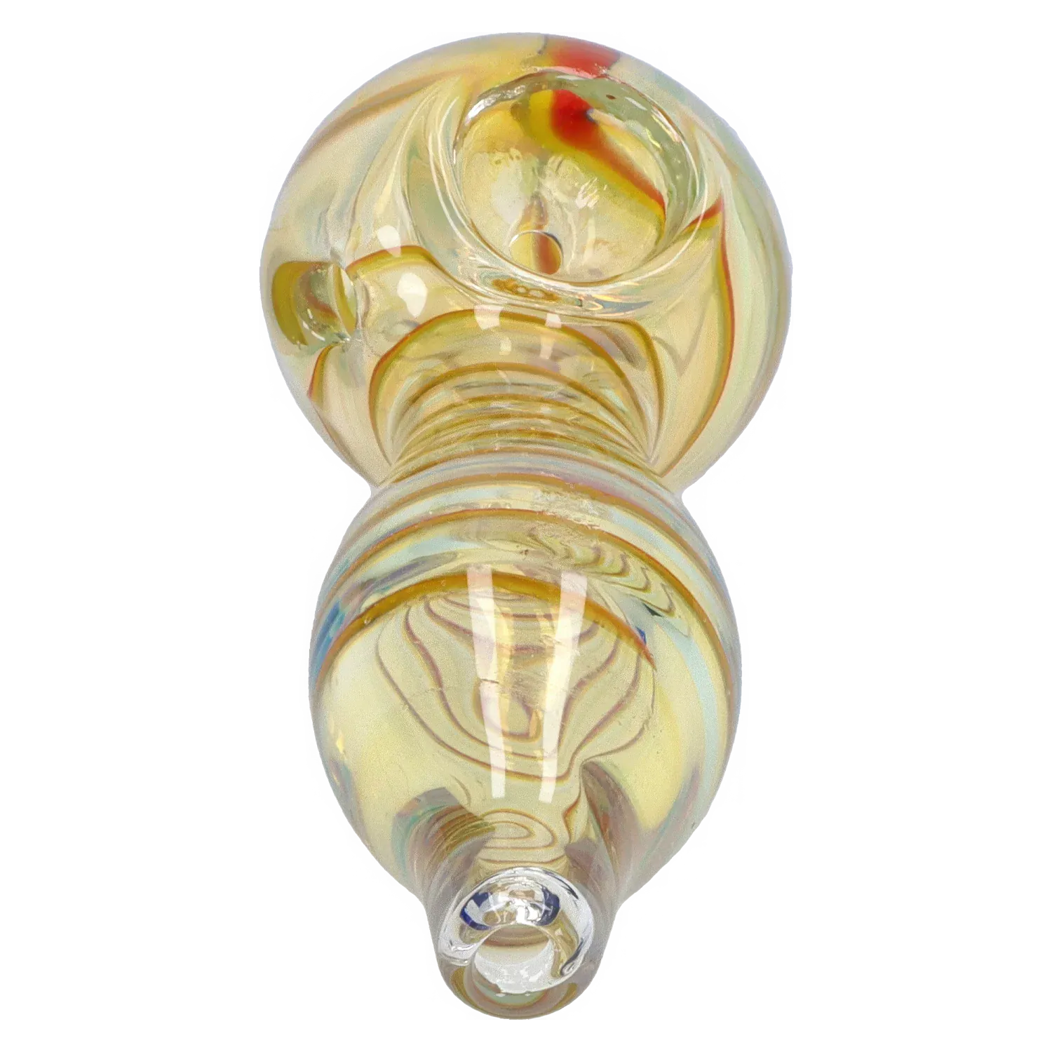 Top-down view of the DHC Frit Fumed with Piping Spoon Pipe - 2.5 in., showing a swirled yellow glass bowl and rounded body with iridescent ribboned accents.