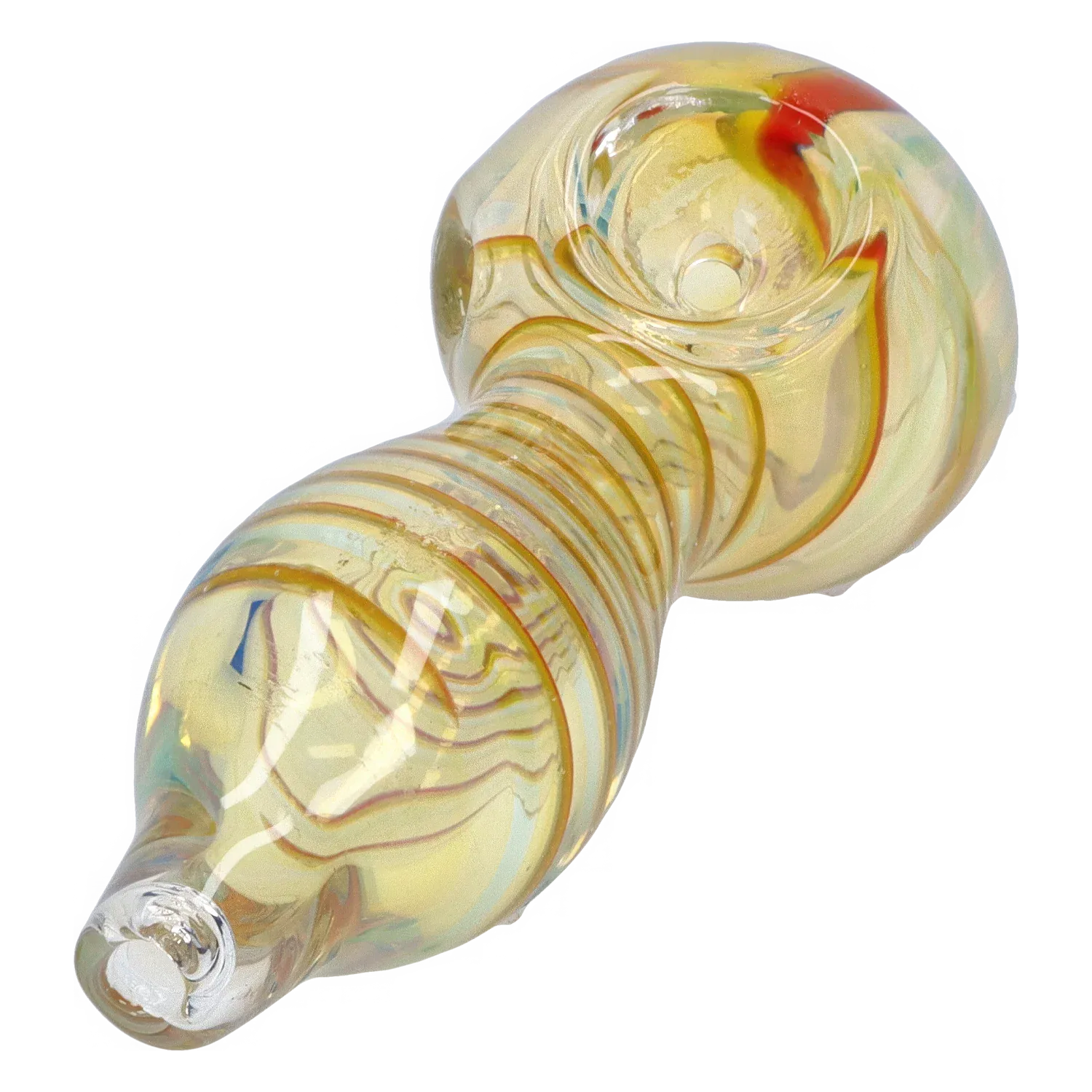 Angled close-up of the DHC Frit Fumed with Piping Spoon Pipe - 2.5 in., showing its swirled amber and iridescent glass body and rounded bowl.
