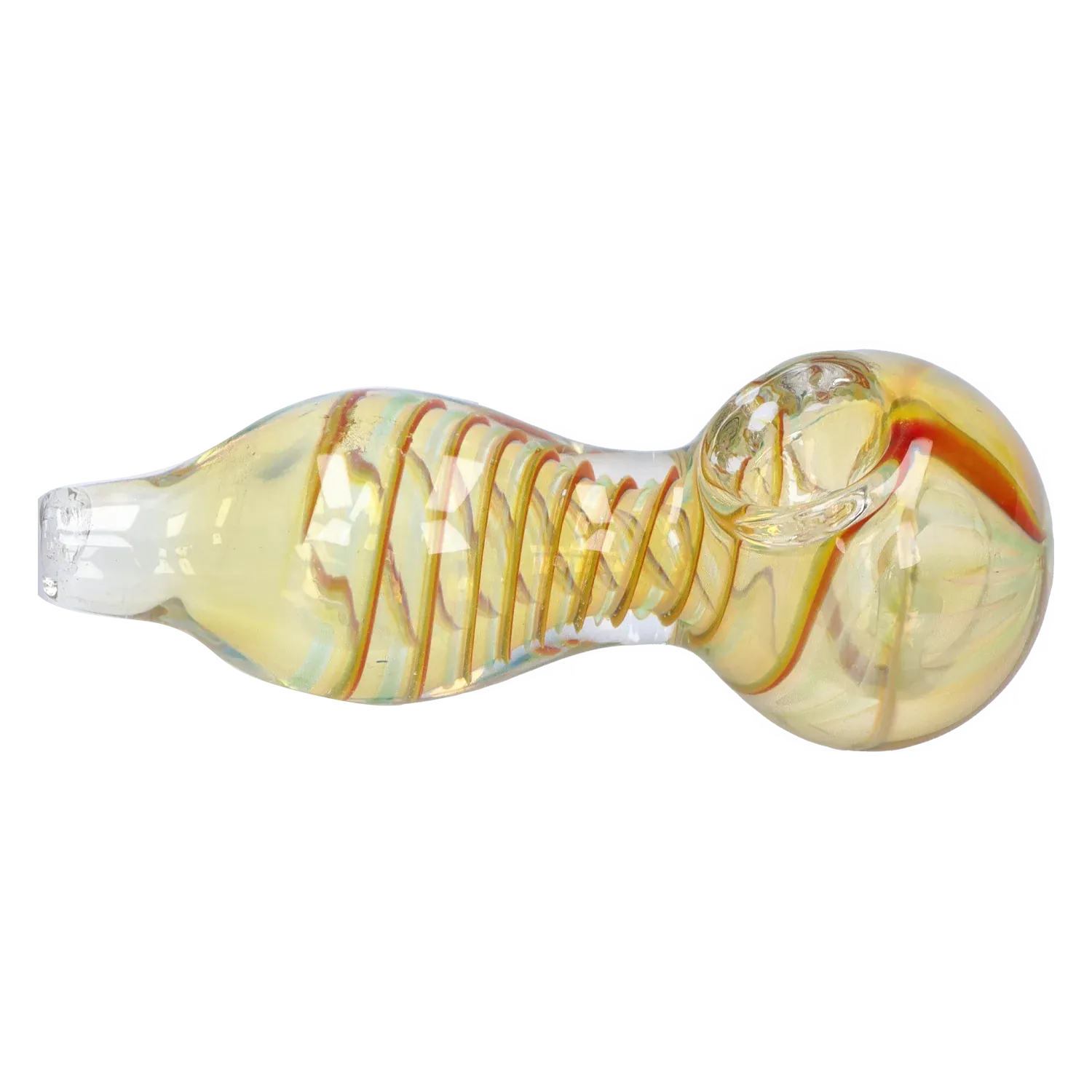 Side profile of the iridescent DHC Frit Fumed with Piping Spoon Pipe - 2.5 in., showing its rounded bowl, ribbed midsection and yellow-orange swirled glass.