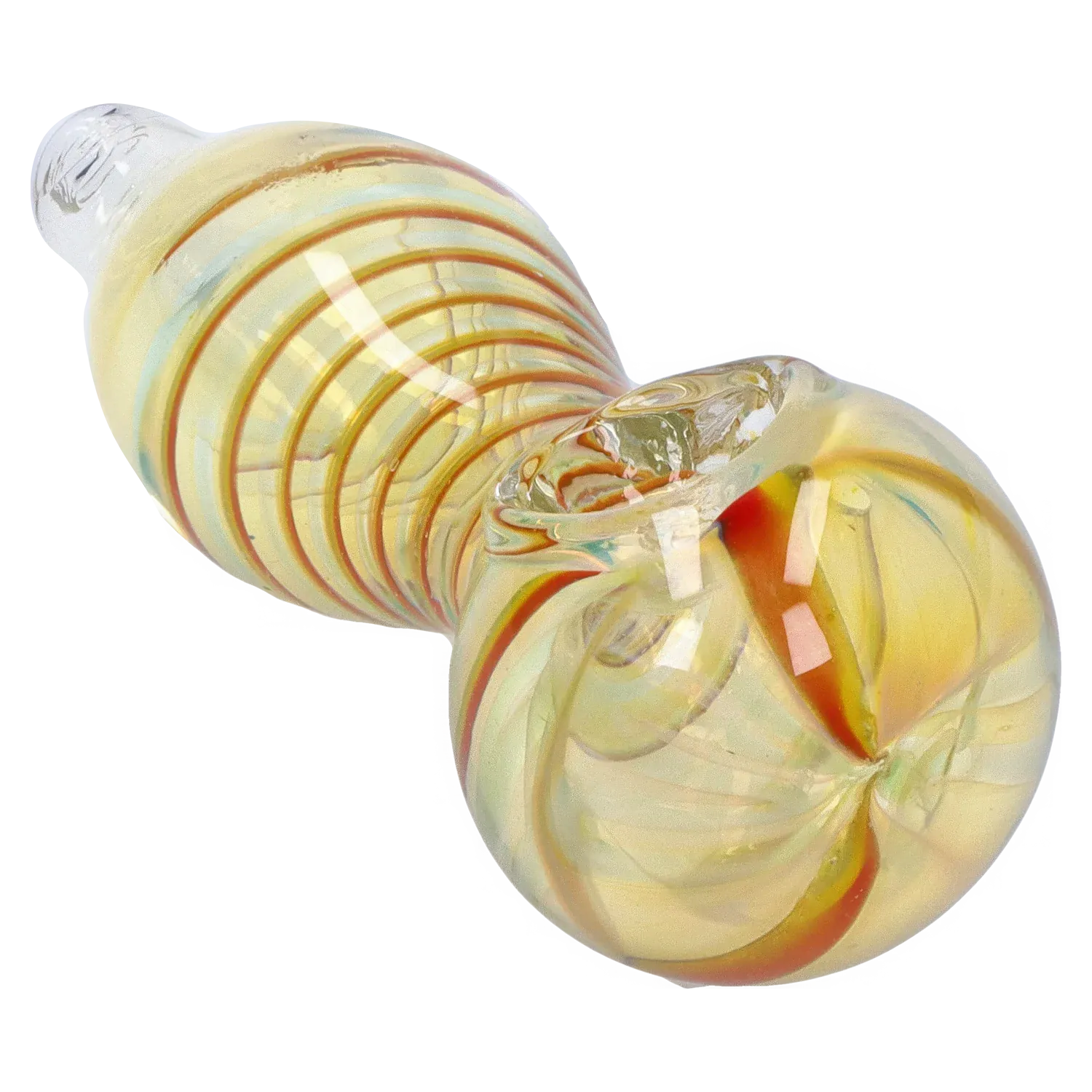 Close-up angled view of the DHC Frit Fumed with Piping Spoon Pipe - 2.5 in., showing its pale yellow glass with spiral frit lines and glossy rounded bowl.