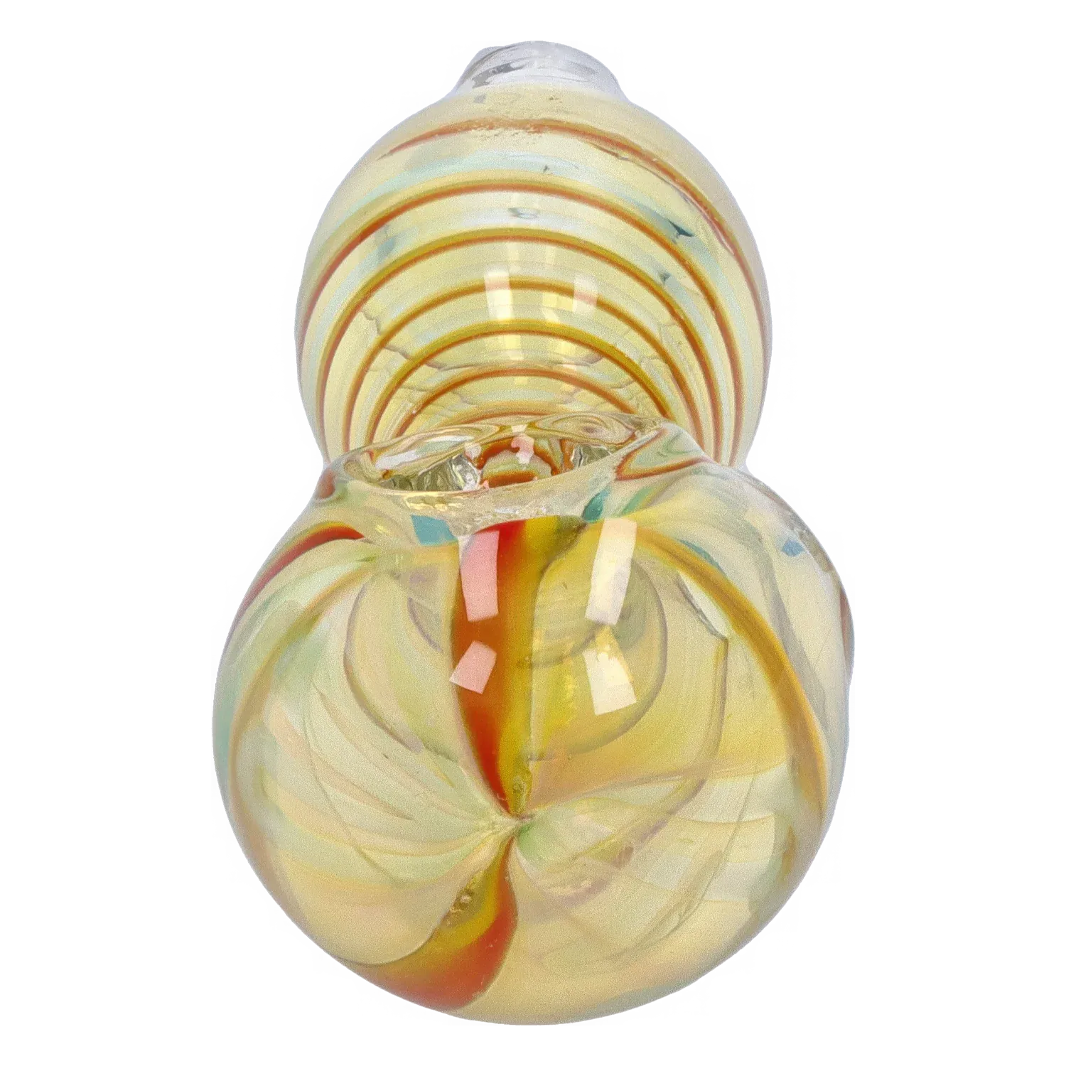 Top-down close-up of the DHC Frit Fumed with Piping Spoon Pipe - 2.5 in., showing yellow glass with concentric orange rings and a swirled piped bowl.