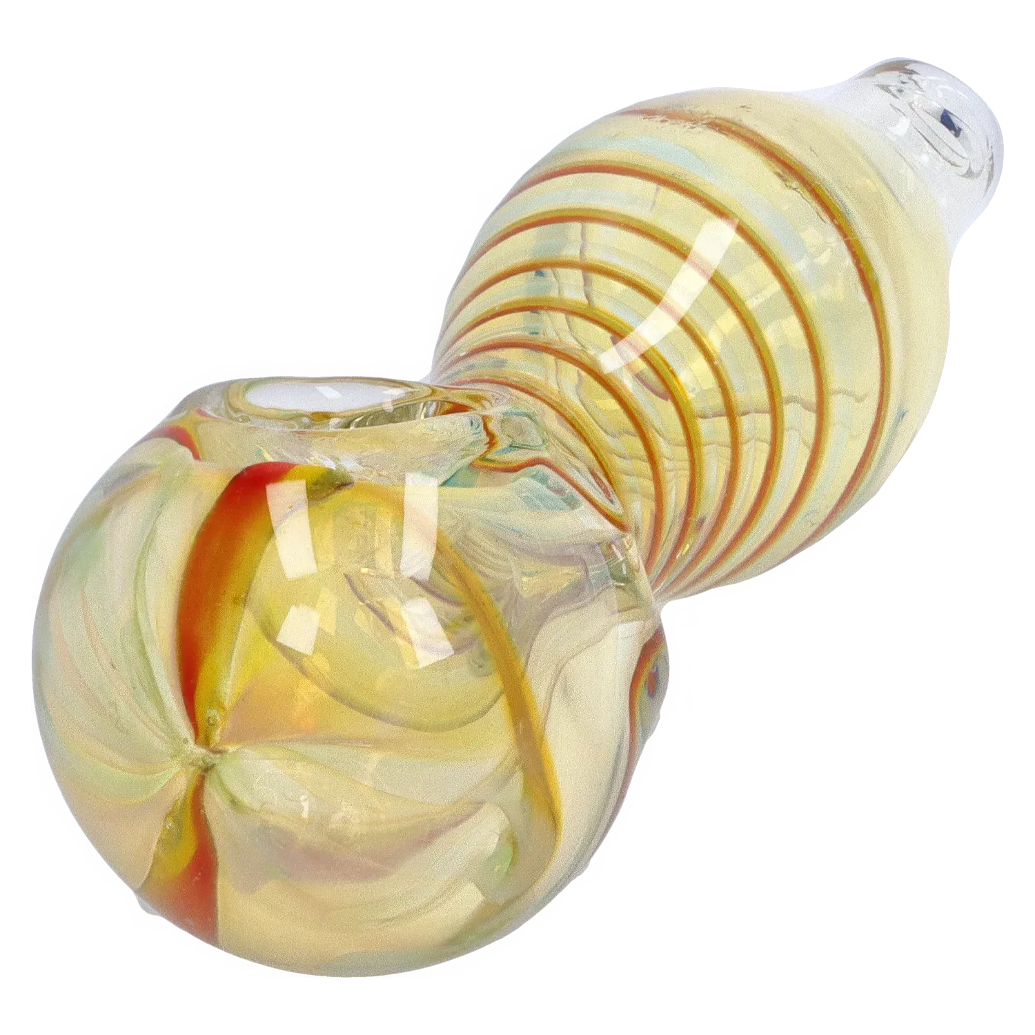Close-up angled view of the DHC Frit Fumed with Piping Spoon Pipe - 2.5 in., showing its swirled yellow glass body with red spiral piping and glossy reflections.