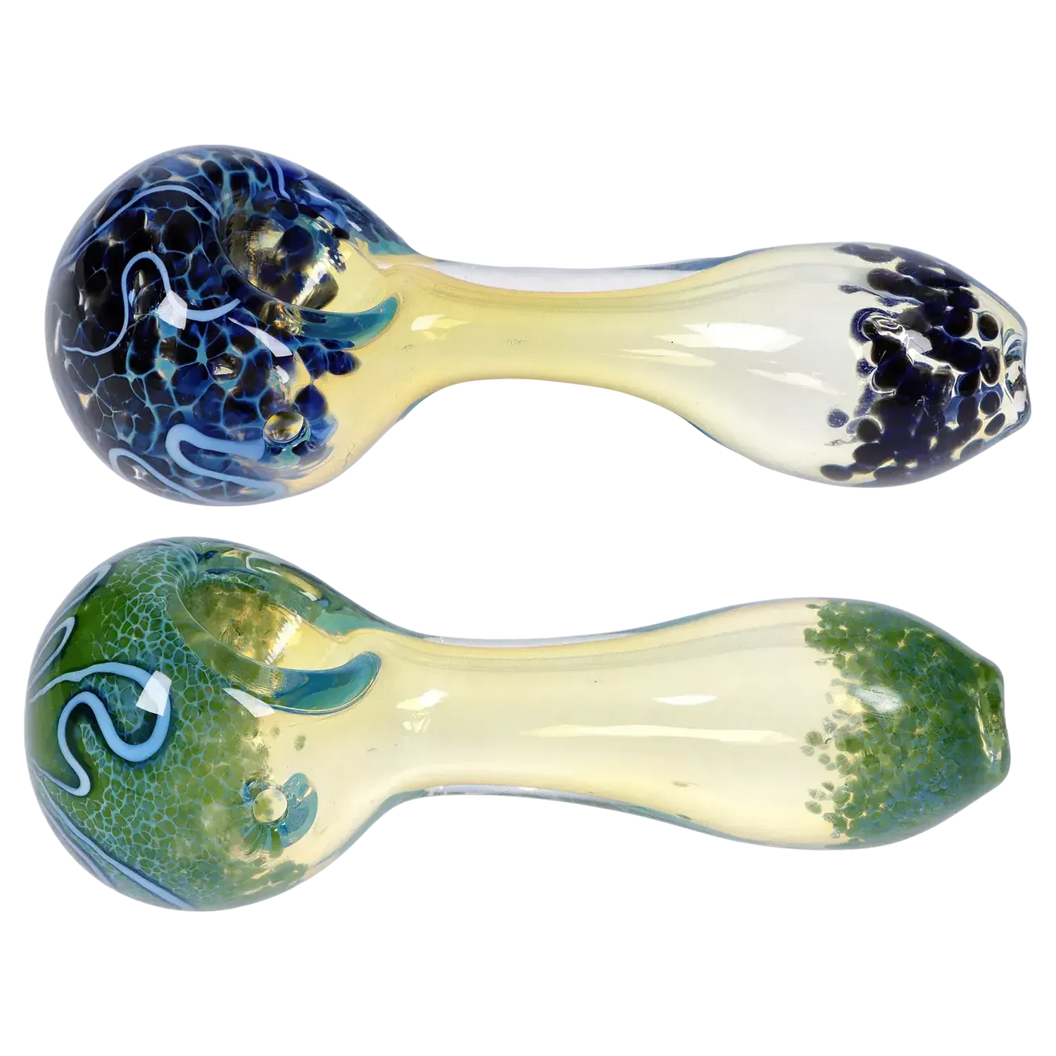 Top-down view of two DHC Frit Fumed with Piping Spoon Pipe - 2.5 in. glass hand pipes showing one blue-speckled bowl and one green-speckled bowl connected by pale yellow necks.