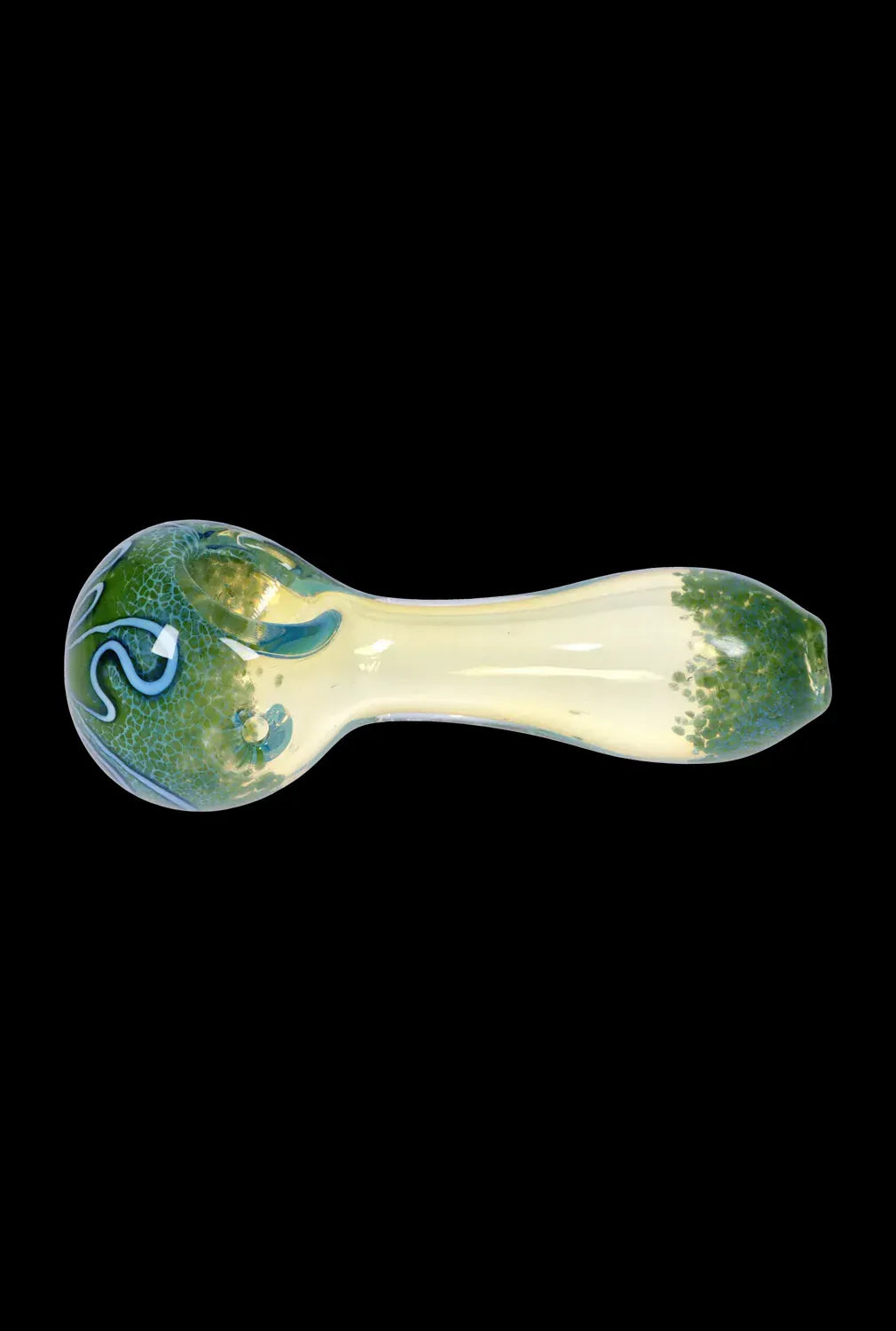 Top-down view of the DHC Frit Fumed with Piping Spoon Pipe - 2.5 in., showing a pale yellow glass body with green frit accents and blue piped swirls against a black background
