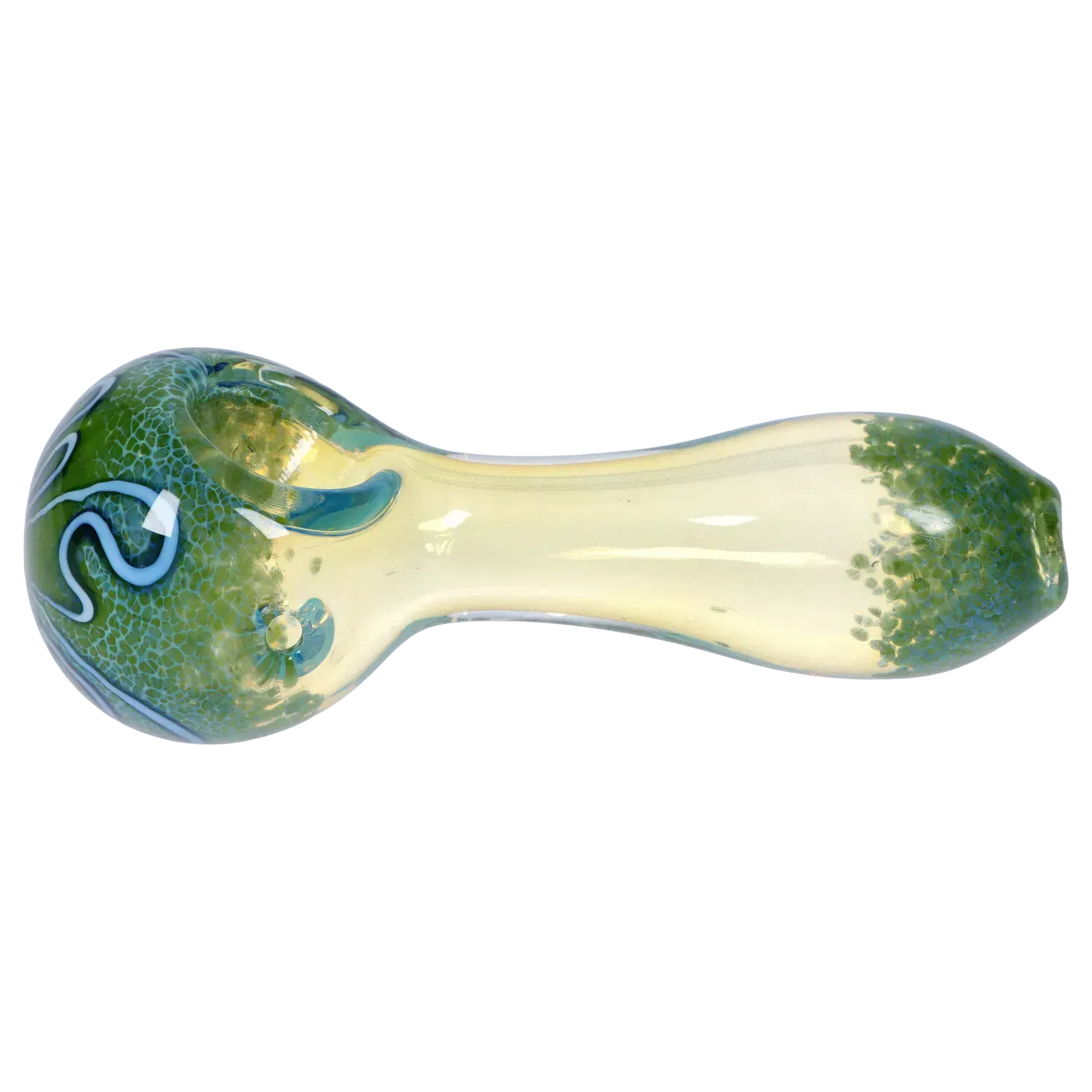 Top-down view of the DHC Frit Fumed with Piping Spoon Pipe - 2.5 in., showing a green-fritted bulb and pale yellow stem with blue piped accents.