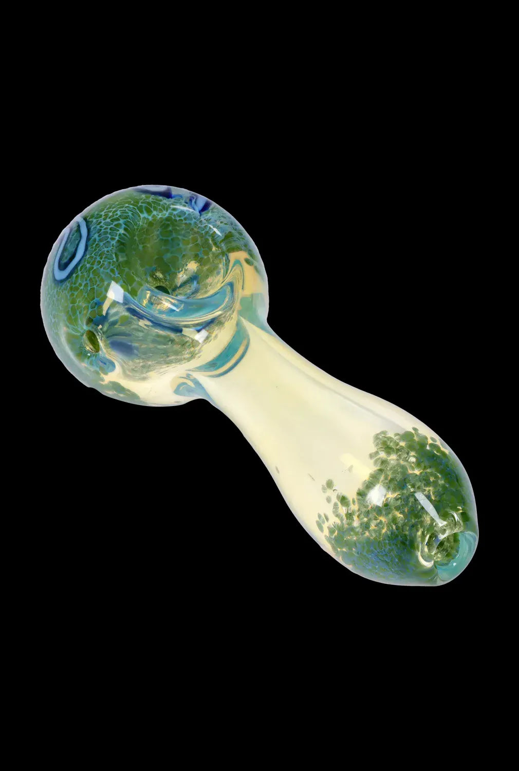 Angled close-up of the DHC Frit Fumed with Piping Spoon Pipe - 2.5 in. showing its green frit pattern and translucent neck on black background