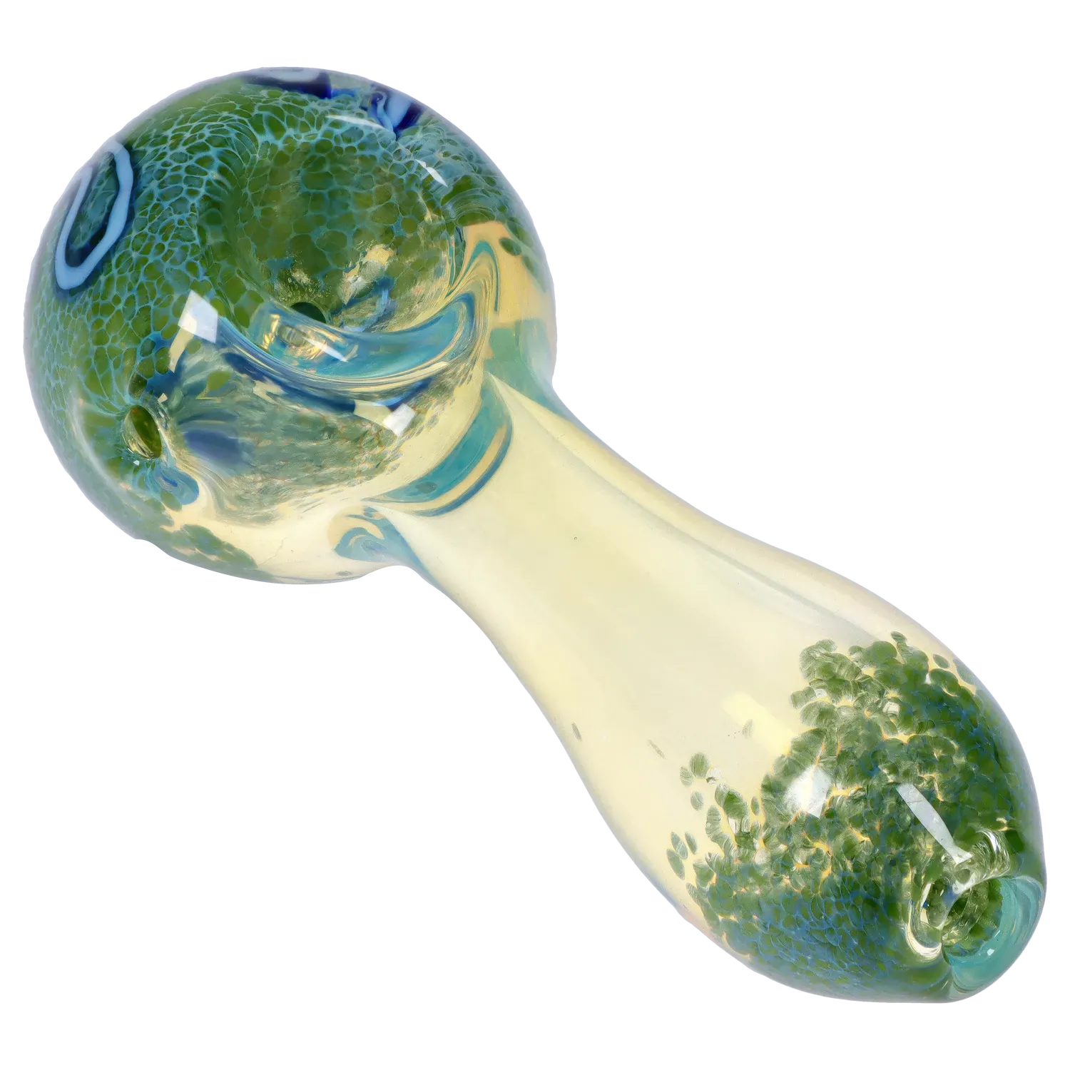 Angled close-up of the DHC Frit Fumed with Piping Spoon Pipe - 2.5 in. showing green frit patterns and blue accents on a pale glass body.