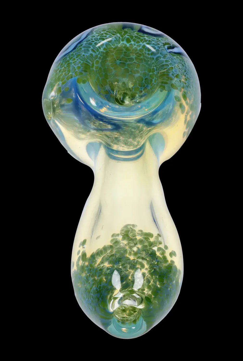 Top-down view of the DHC Frit Fumed with Piping Spoon Pipe - 2.5 in., showing its bulbous bowl and green frit pattern inside against a black background