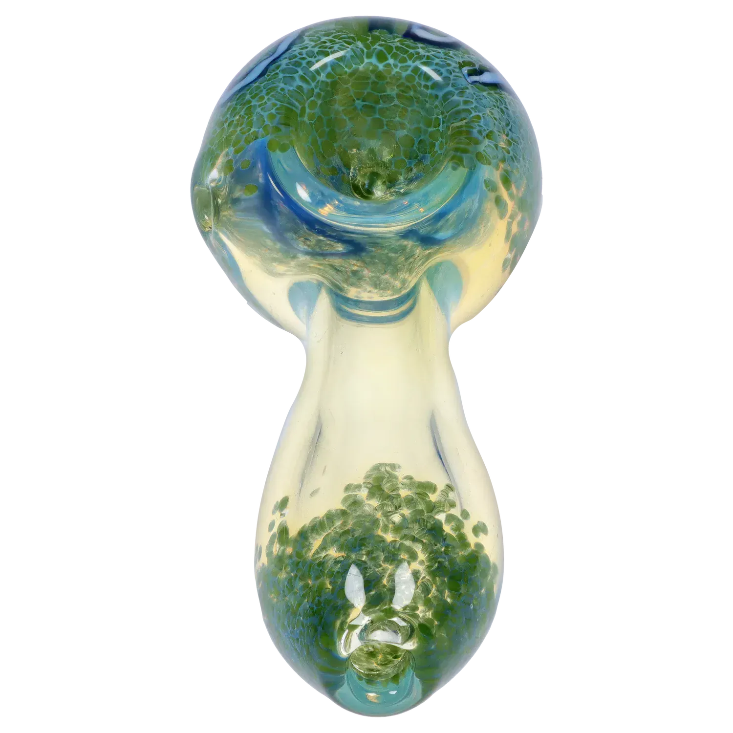 Top-down view of the DHC Frit Fumed with Piping Spoon Pipe - 2.5 in. showing its green fritted bowl and swirling blue-green glass accents.