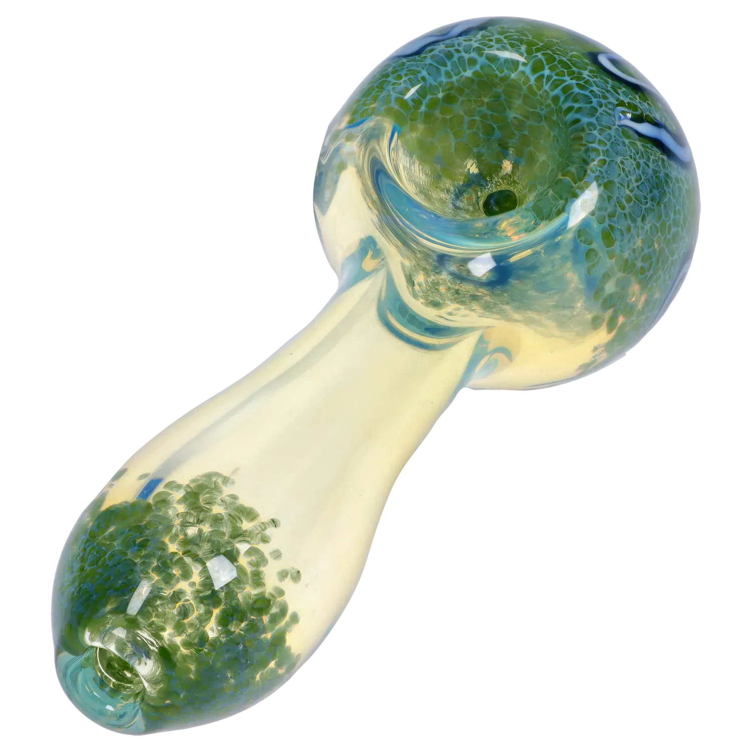 Angled close-up of the DHC Frit Fumed with Piping Spoon Pipe - 2.5 in., showing its green fritted bowl and smooth pale glass stem under bright highlights