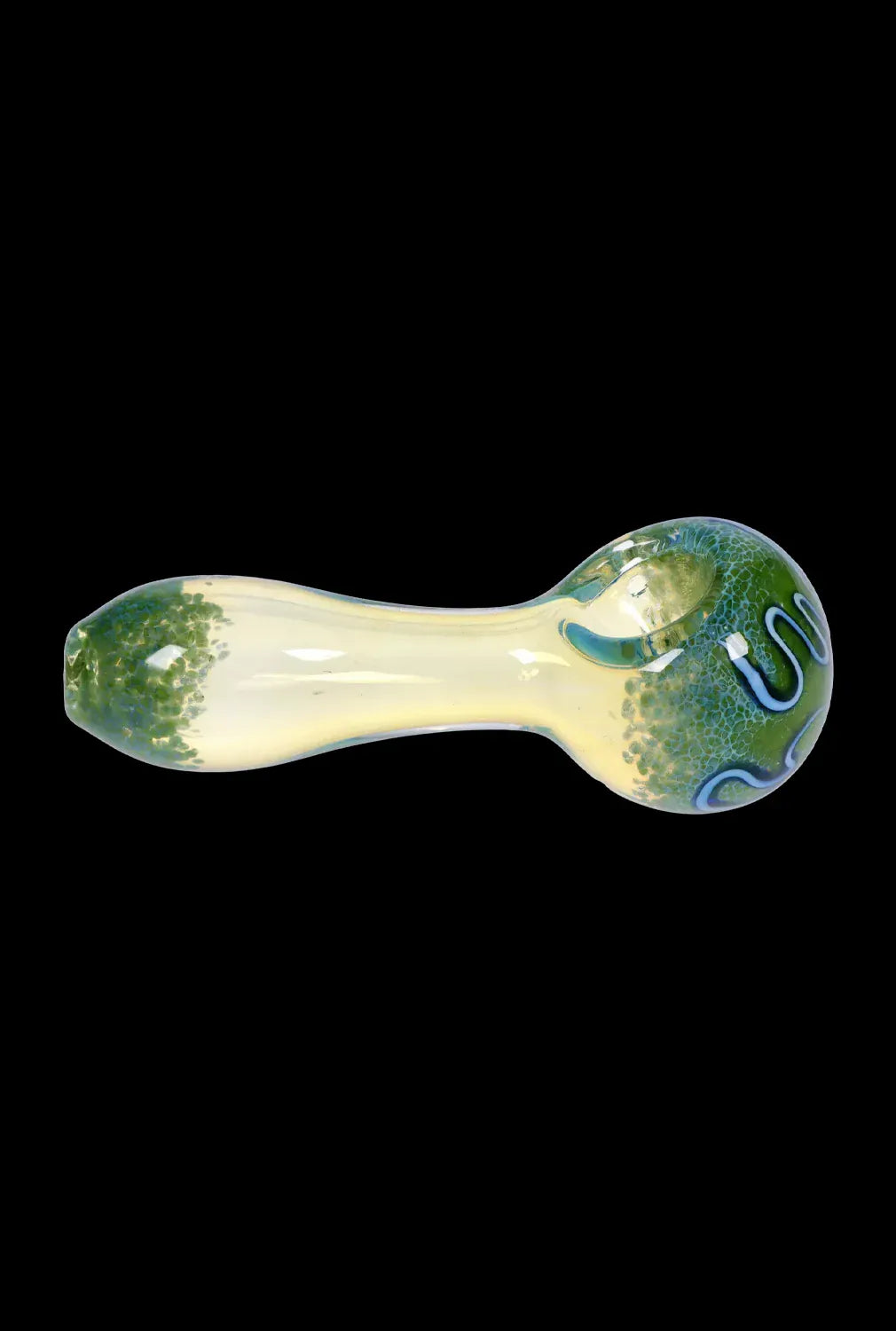 Top-down view of the DHC Frit Fumed with Piping Spoon Pipe - 2.5 in., a pale yellow glass spoon pipe with green frit accents and blue piping against a black background