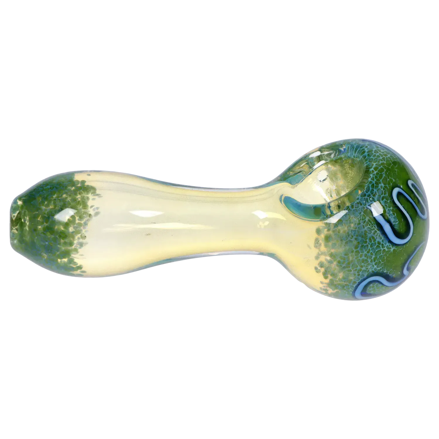 Top-down view of the DHC Frit Fumed with Piping Spoon Pipe - 2.5 in. showing a pale yellow glass body with green frit at the bowl and white piped swirl accents.