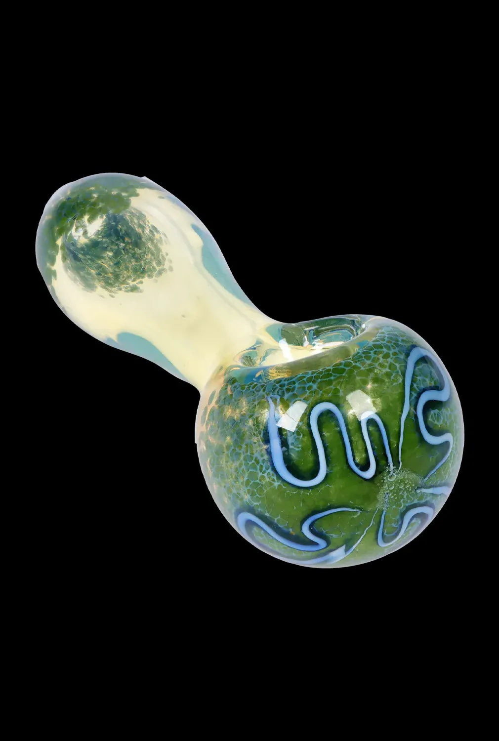 Angled top-down view of the DHC Frit Fumed with Piping Spoon Pipe - 2.5 in. showing its green fritted bowl with blue piped squiggles and pale yellow neck against a black background